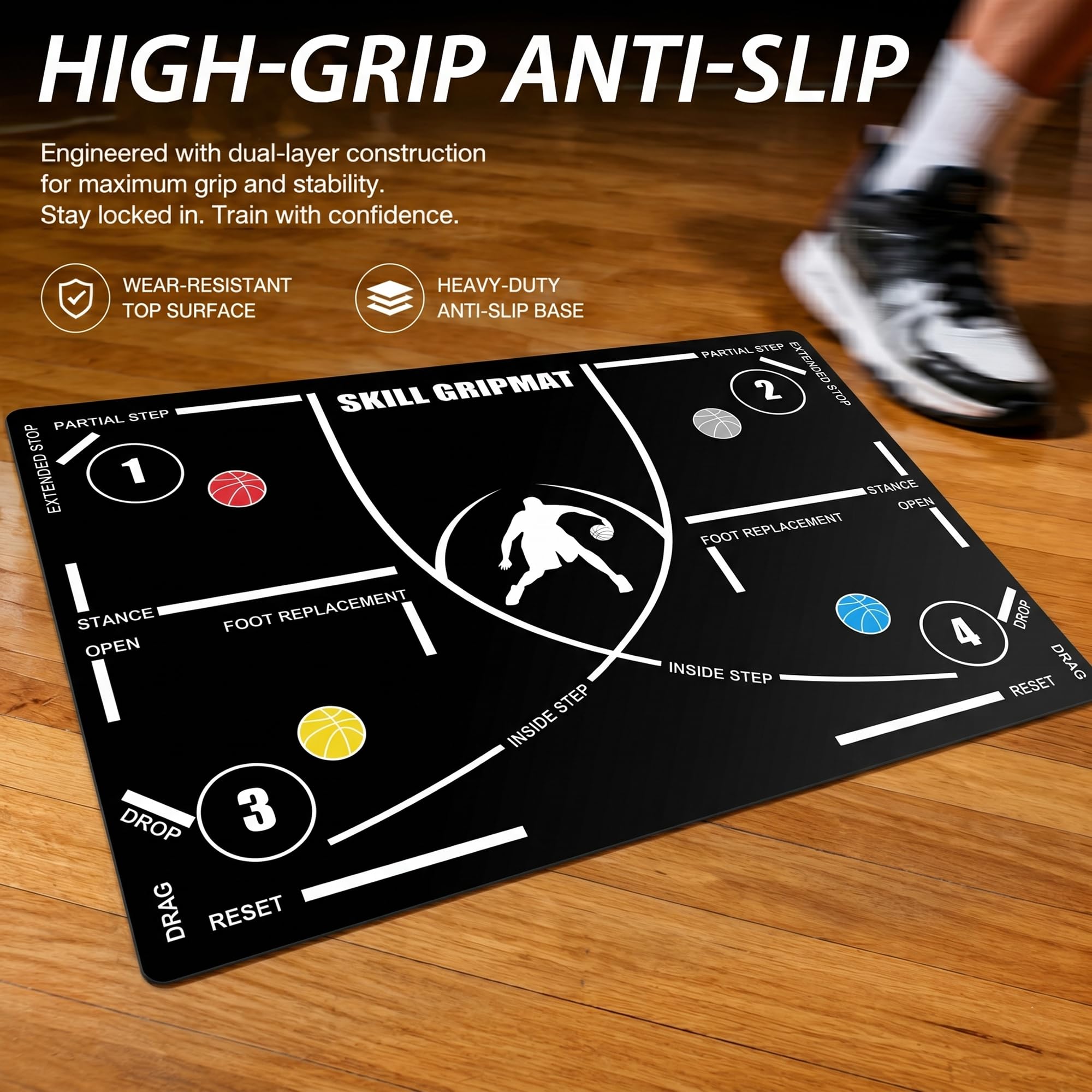 Basketball Trainingsmatte 120x80cm mit rutschfestem Gummiboden, vorgedruckte Übungsfelder für Indoor Outdoor Agilität Dribbling und Koordinationstraining Kinder bis Erwachsene Schwarz