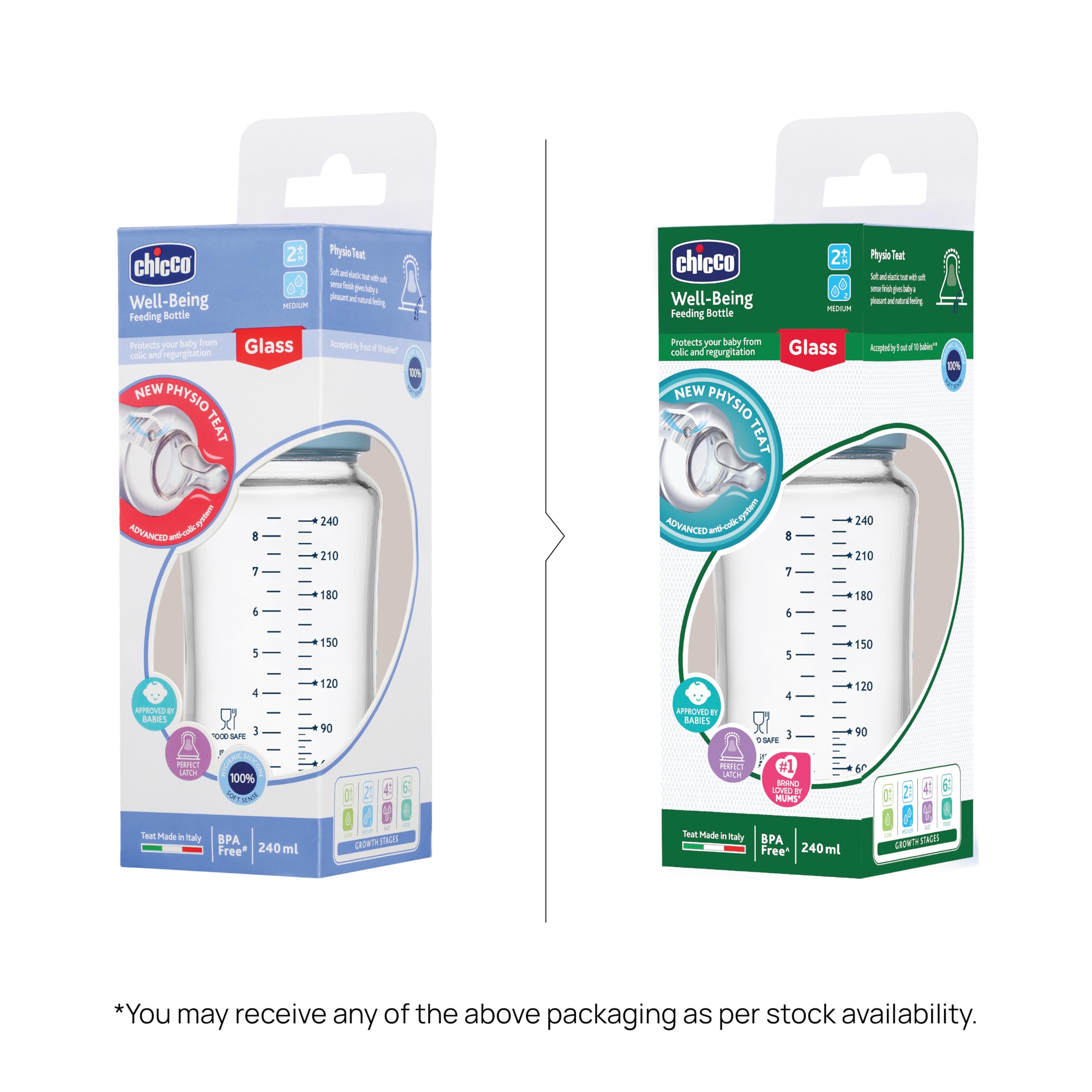 Chicco Well-Being Glass Feeding Bottle for Babies (240ml, Medium Flow) | Premium Borosilicate Glass for High Durability | Elongated Teat for Correct Latch | Comes with Anti-Spill Cap | BPA Free (Blue)