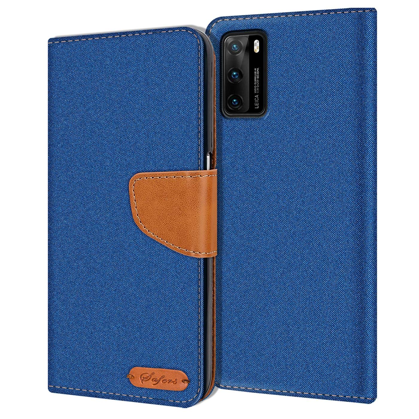 Verco Phone Wallet Case compatible with the Huawei P40, Canvas Faux Leather Book Cover for the P40 Flip Case Bag Hinged - Blue