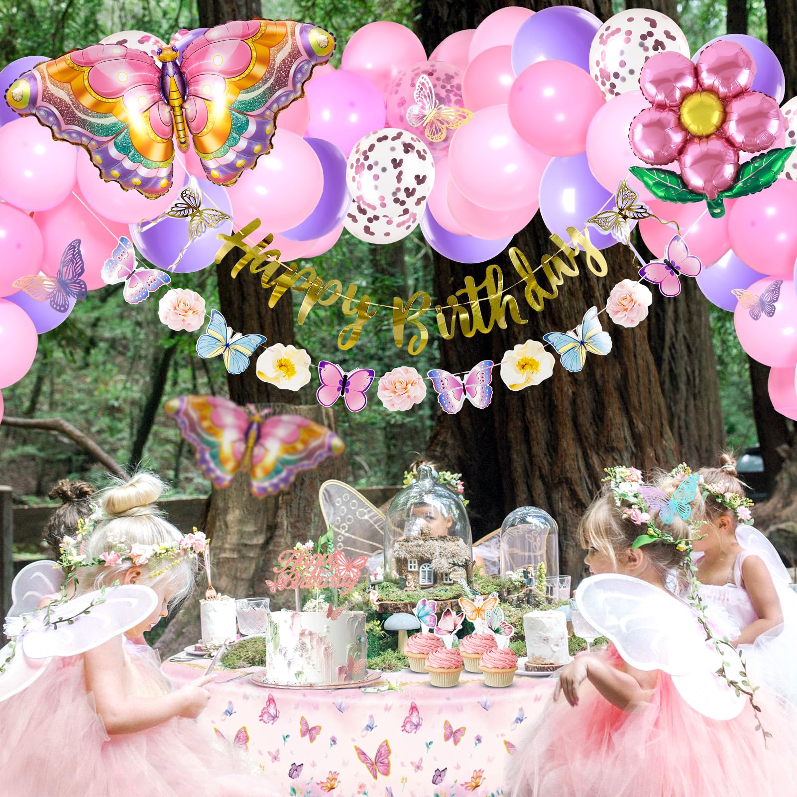 Homarkable Kit Anniversaire Papillon Rose – Déco Fête Avec Ballons, Bannière, Autocollants 3D