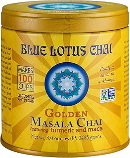 Blue Lotus Chai - Golden Masala Flavor Chai - Makes 100 Cups - 3 Ounce Masala Spiced Chai Powder with Organic Spices - Instant Indian Tea No Steeping - No Gluten