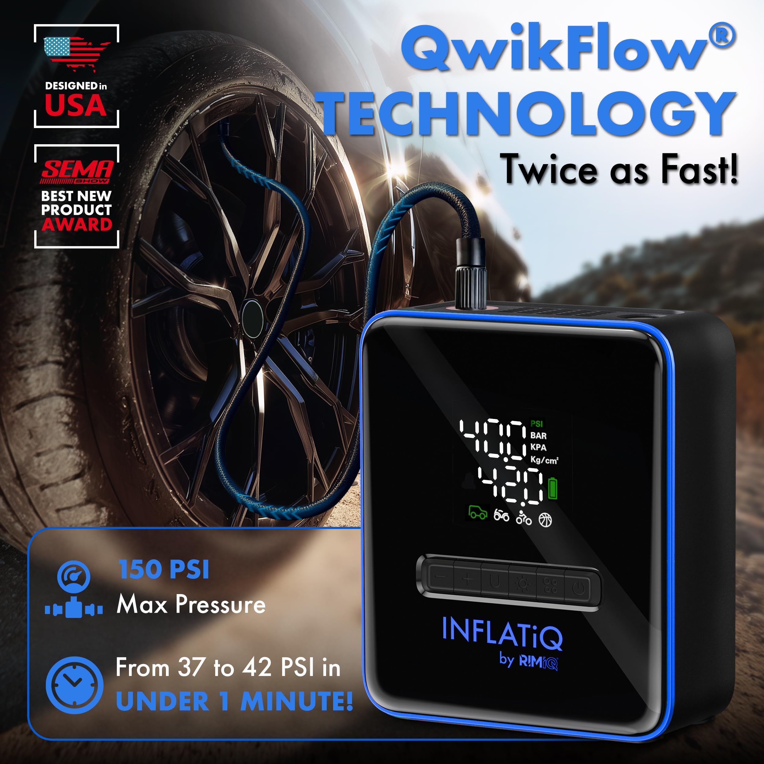 INFLATiQ by RIMiQ Tire Inflator B, potente e premiata tecnologia QWIKFlow con 2 opzioni di alimentazione portatili incluse, potente pompa ad aria per camion, auto, moto, biciclette, palloni e altro