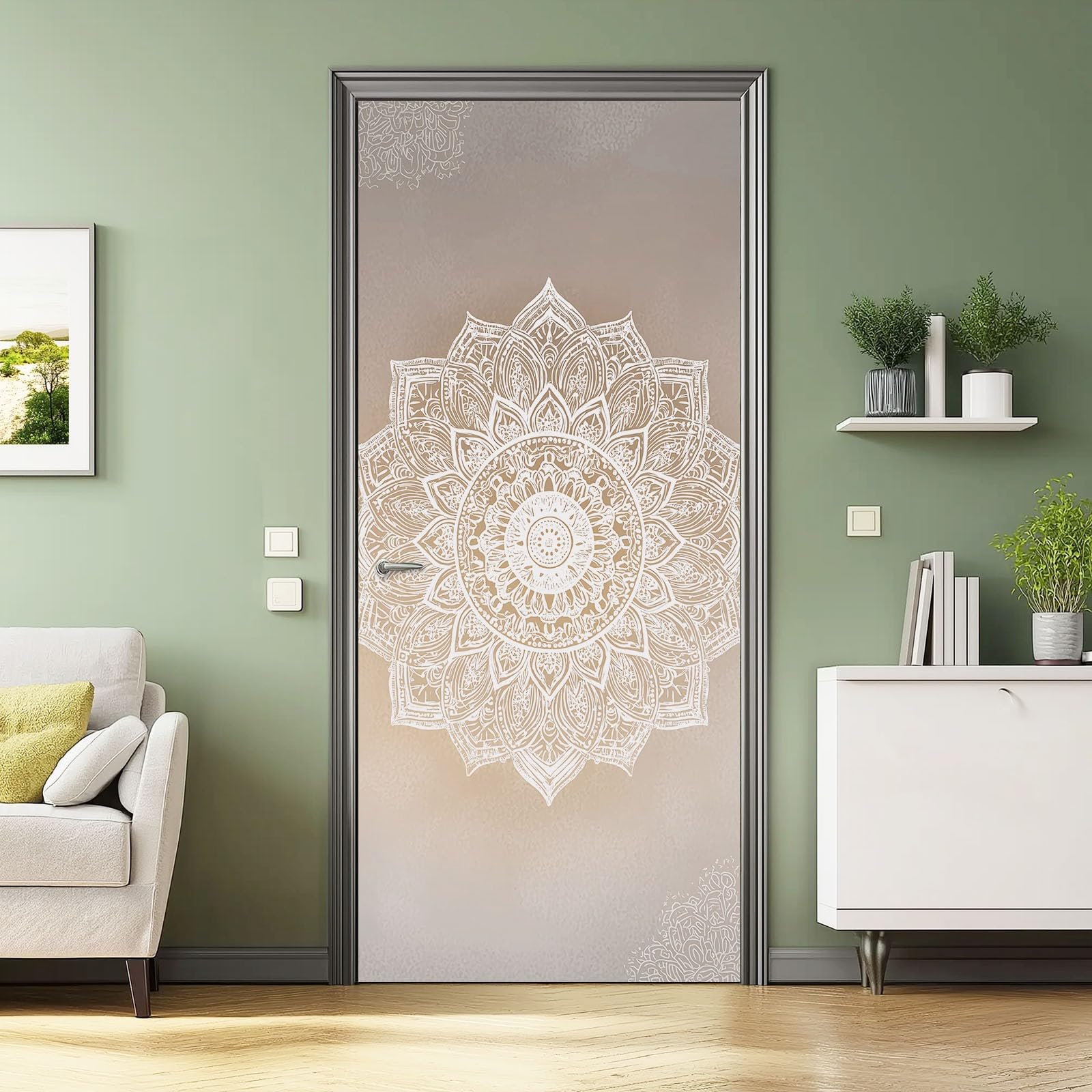 Minimalistyczny wzór kwiatowy, samoprzylepna, naklejka na drzwi, 95 x 215 cm, bajeczna mandala PCW, wodoodporna, plakat na drzwi, beżowa, nowoczesna folia na drzwi do sypialni, salonu, łazienki