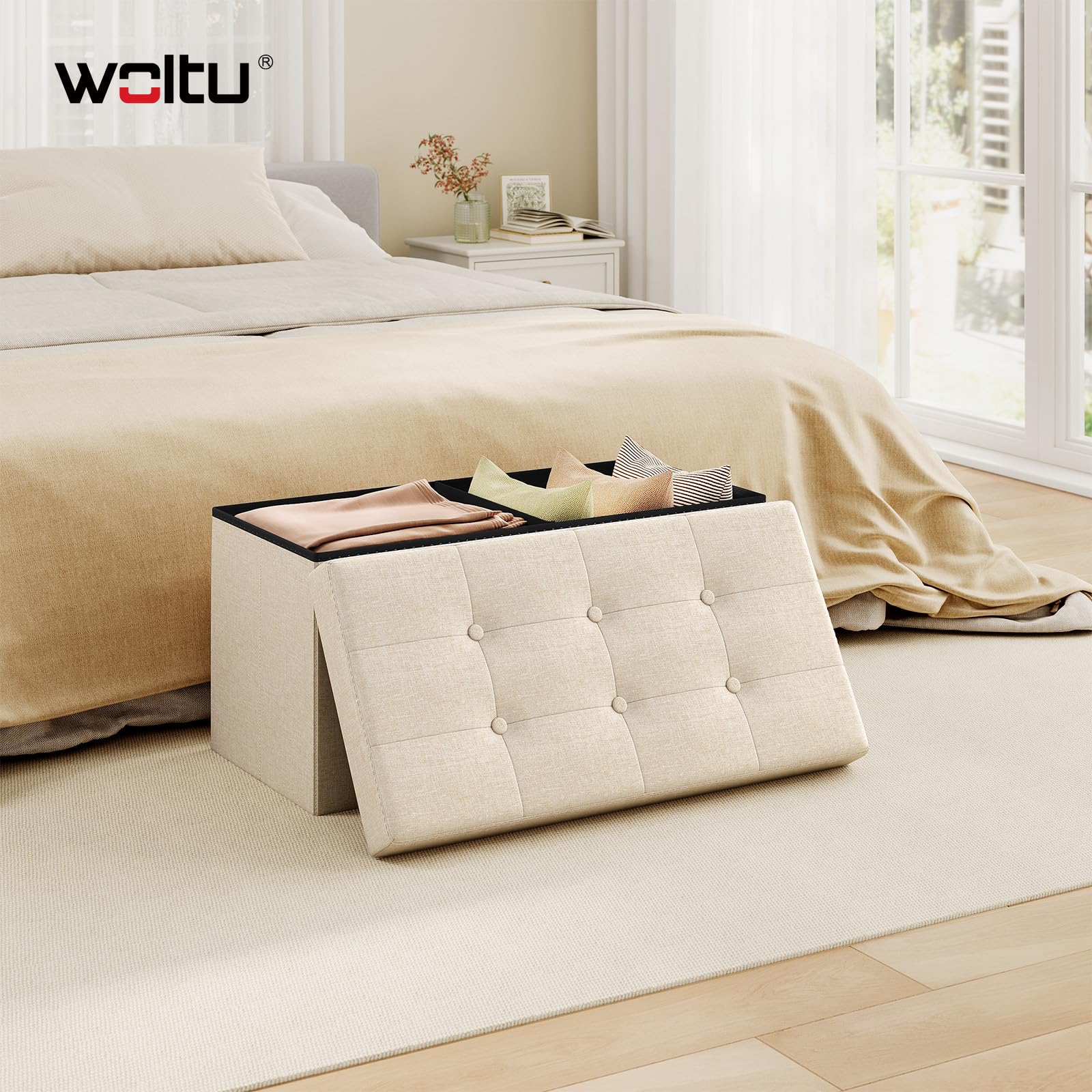 WOLTU Tabouret Banc de Rangement en Lin,Pouf Pliable, Cube Coffre de Rangement 76x37,5x38cm,Beige