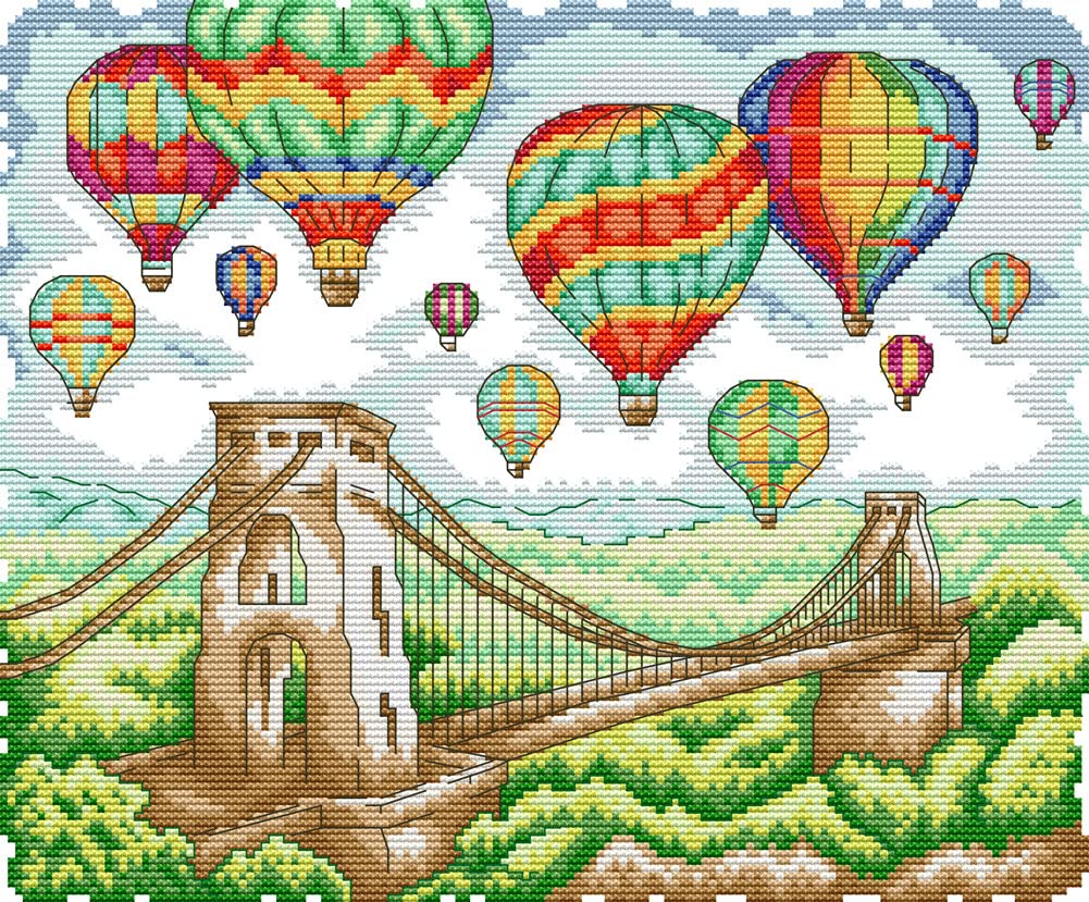 Awesocrafts Bridge Cross Stitch Stamped Kits Hot Air Balloon On The Easy Patterns Cross Stitching Embroidery Needlework Kit Supplies