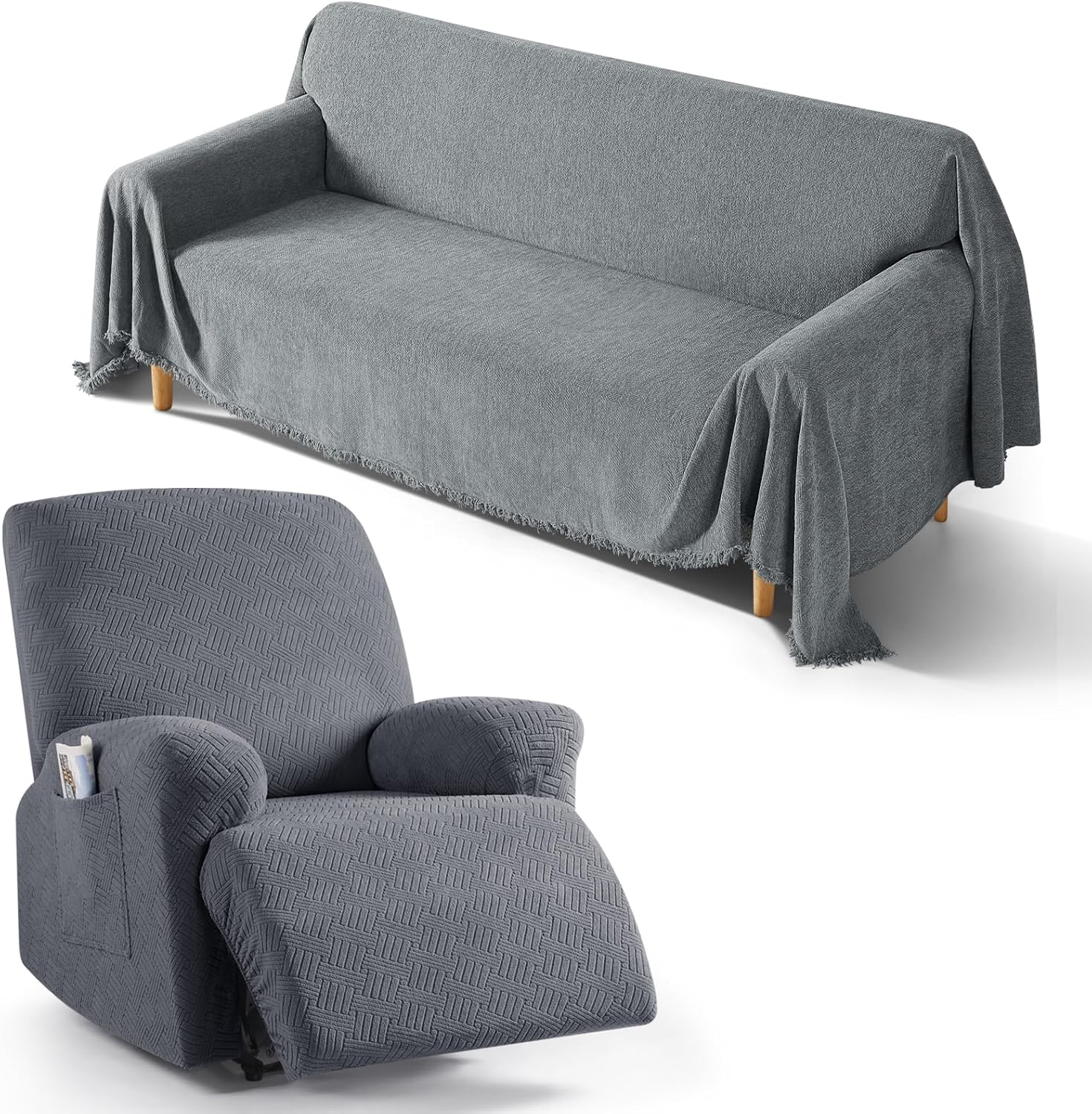 KinCam Jacquard Recliner Chair Cover(Dark Gray) & Tassel Couch Sofa Cover(71" x 102", Grey)