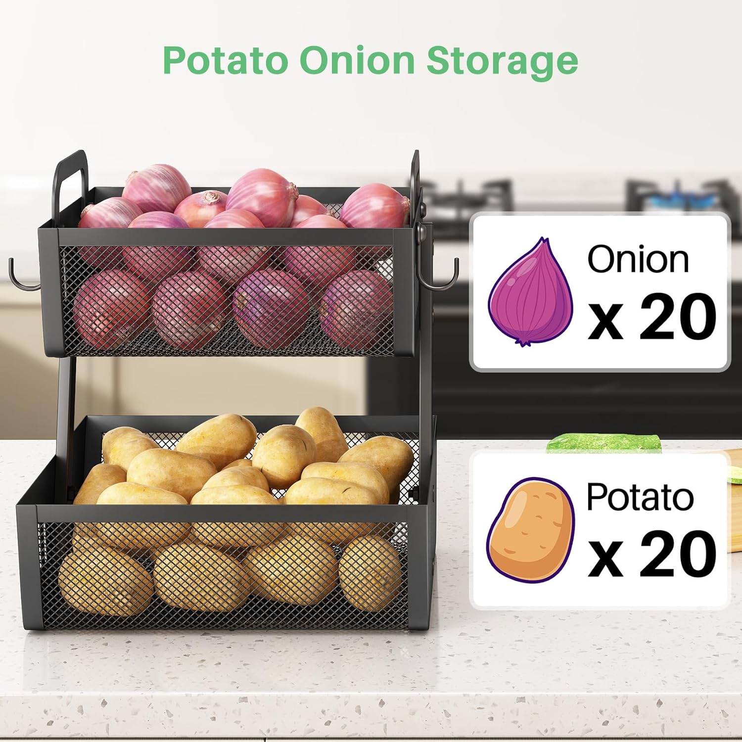 SAYZH Fruit Basket Bowls For Kitchen Counter with Banana Hangers - Detachable Metal Mesh Basket Fruit Stand with Handle - Kitchen Vegetables Bread Snacks Storage Organization, 2 Tier Black - Image 5