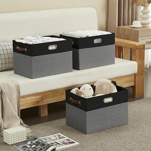 Miniatura 7 de Contenedores grandes de almacenamiento de tela plegables con 3 asas, cestas organizadoras plegables para armario, estantes, sala de estar, paquete