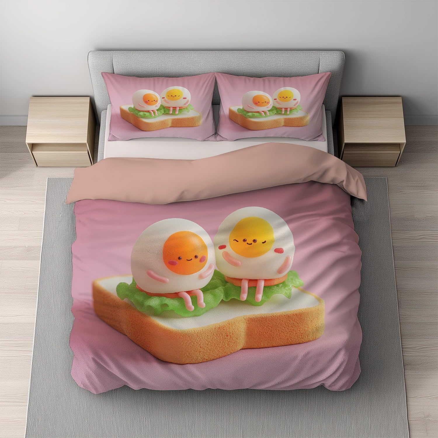 Pościel z kreskówki King Size 229 cm x 221 cm - różowa biała urocza poszewka na kołdrę z jajkiem chleb, dwustronna poszewka na kołdrę i 2 poszewki na poduszki, ultramiękki i oddychający zestaw
