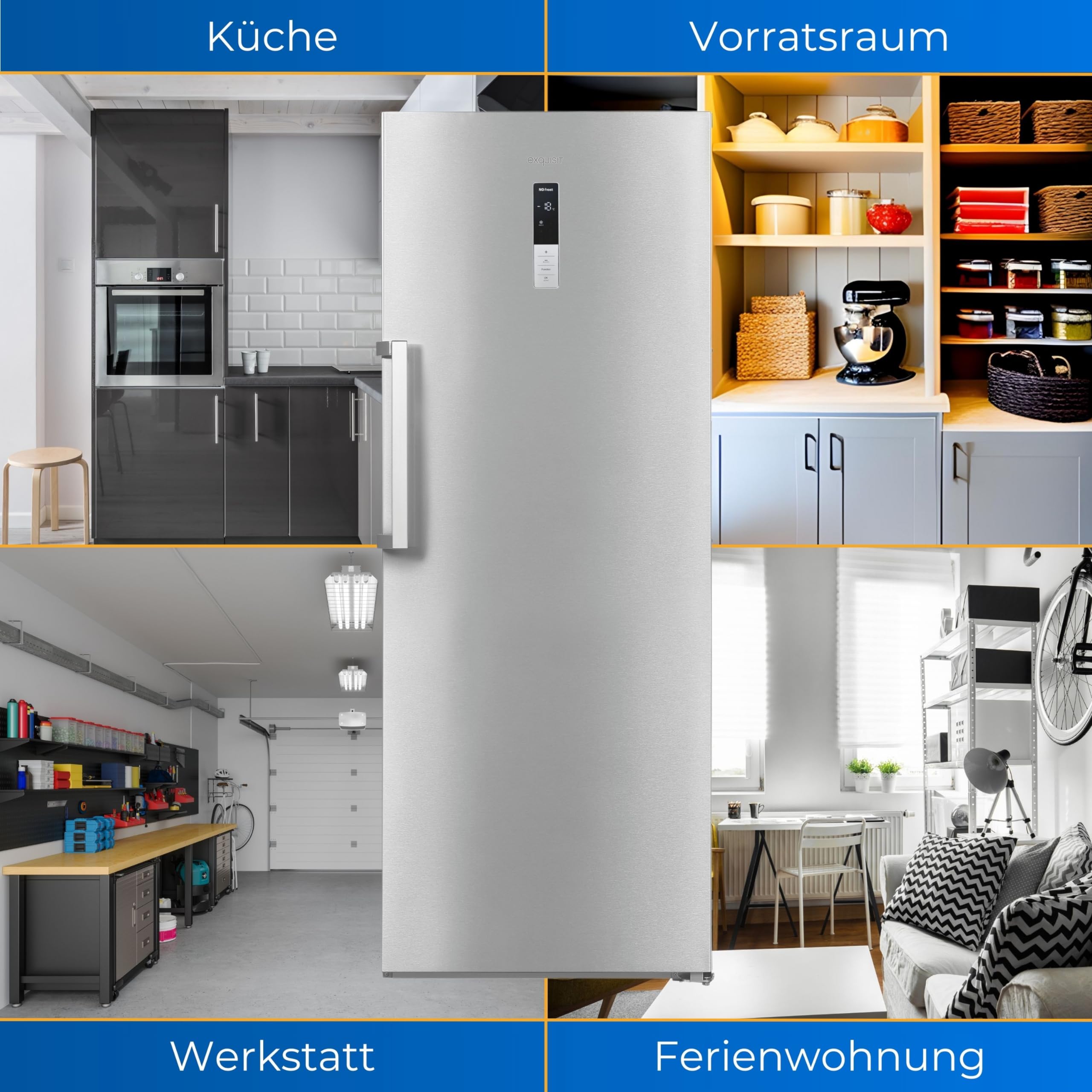 Exquisit Gefrierschrank GS380-NF-H-050D Inoxlook - 380 L No Frost | Großer Gefrierschrank mit LED-Beleuchtung - 4 Sterne Gefrierleistung - 39 dB - Tür-Alarm - Energieeffizienzklasse D