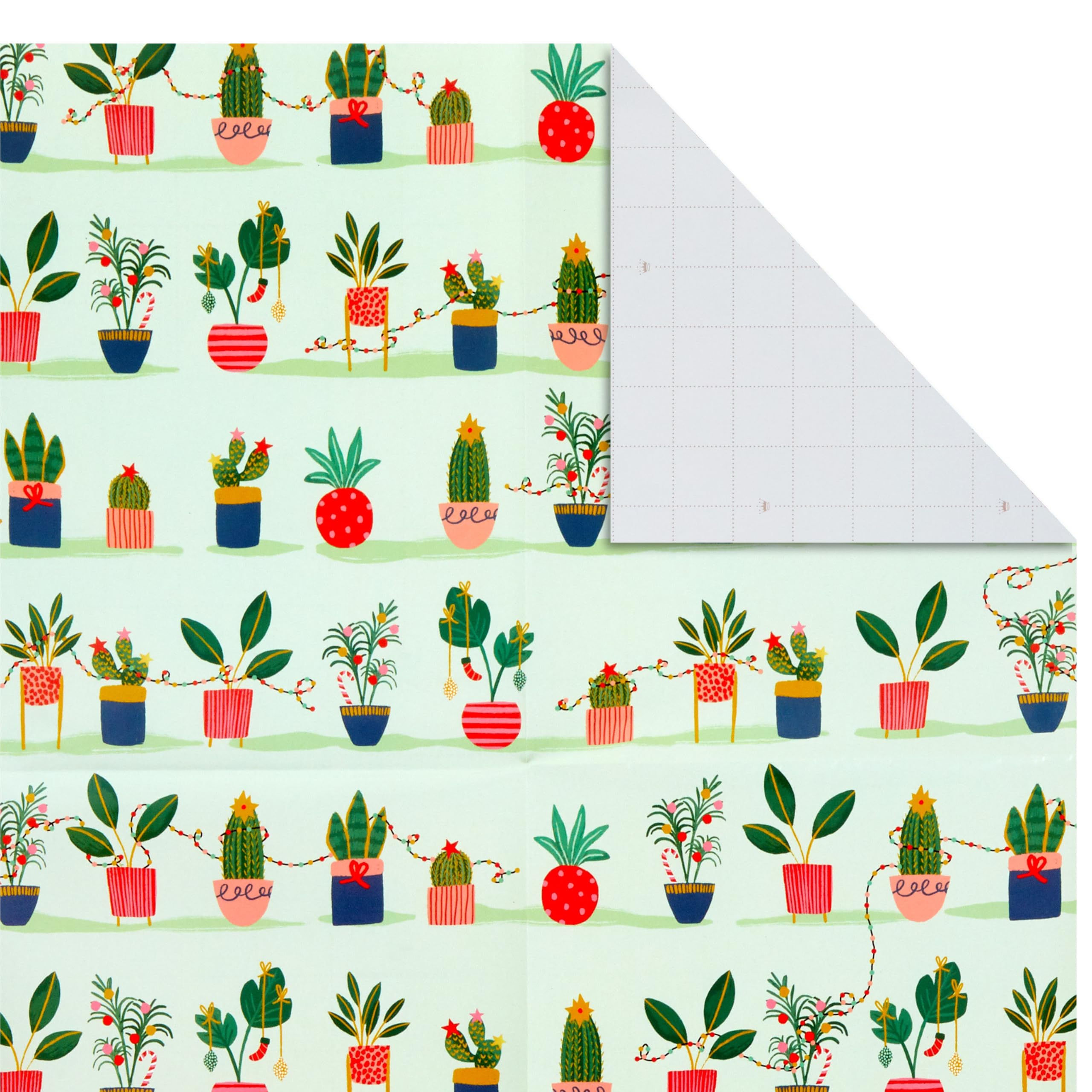 Hallmark Süßes Weihnachts-Geschenkpapier mit Cutlines auf der Rückseite (12 gefaltete Bögen mit Aufkleber-Geschenkanhänger) Rosa, Mintgrün, Pflanzen, Kaktus, Geschenke, Ornamente