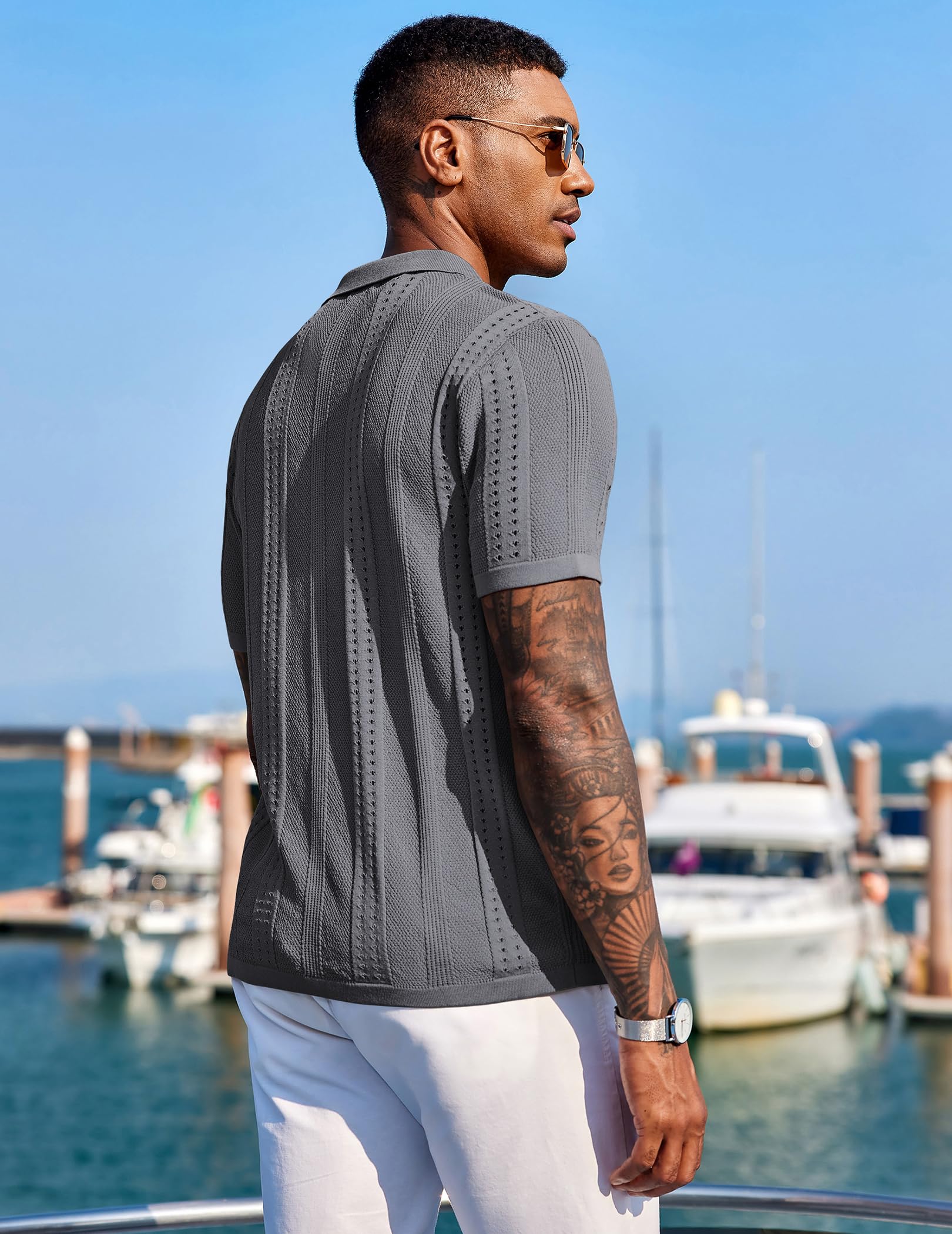 COOFANDY Herren-Strickhemd mit Knopfleiste, kurzärmlig, Poloshirt-Style, modisches Freizeithemd für Sommer und Strand
