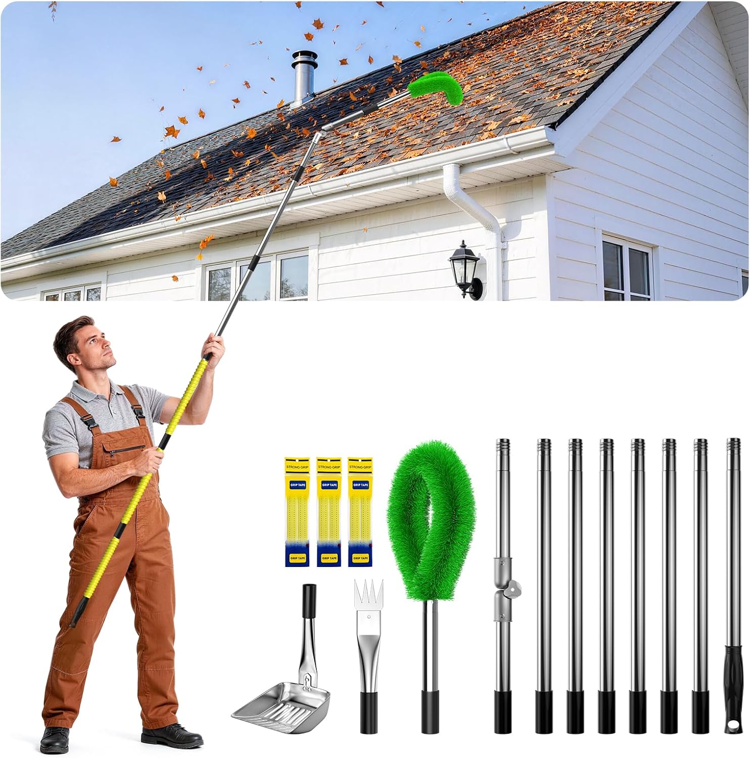 12 FT Gutter Cleaning Tools for Outdoor - Gutter Cleaner Pole with Brush & Shovel for Roof Rain Gutters, Cleans Leaves, Branches & Debris - No Ladder Needed (Green)
