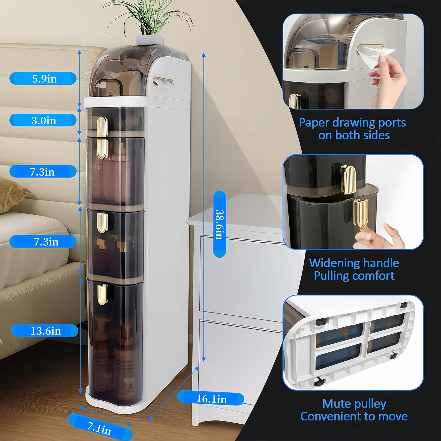 Slim Waterproof Narrow Bathroom Storage Cabinet,Compact Design with Drawers & Toilet Paper Holder,Movable Bathroom Organizers for Small Spaces (Style2-4Tiers)