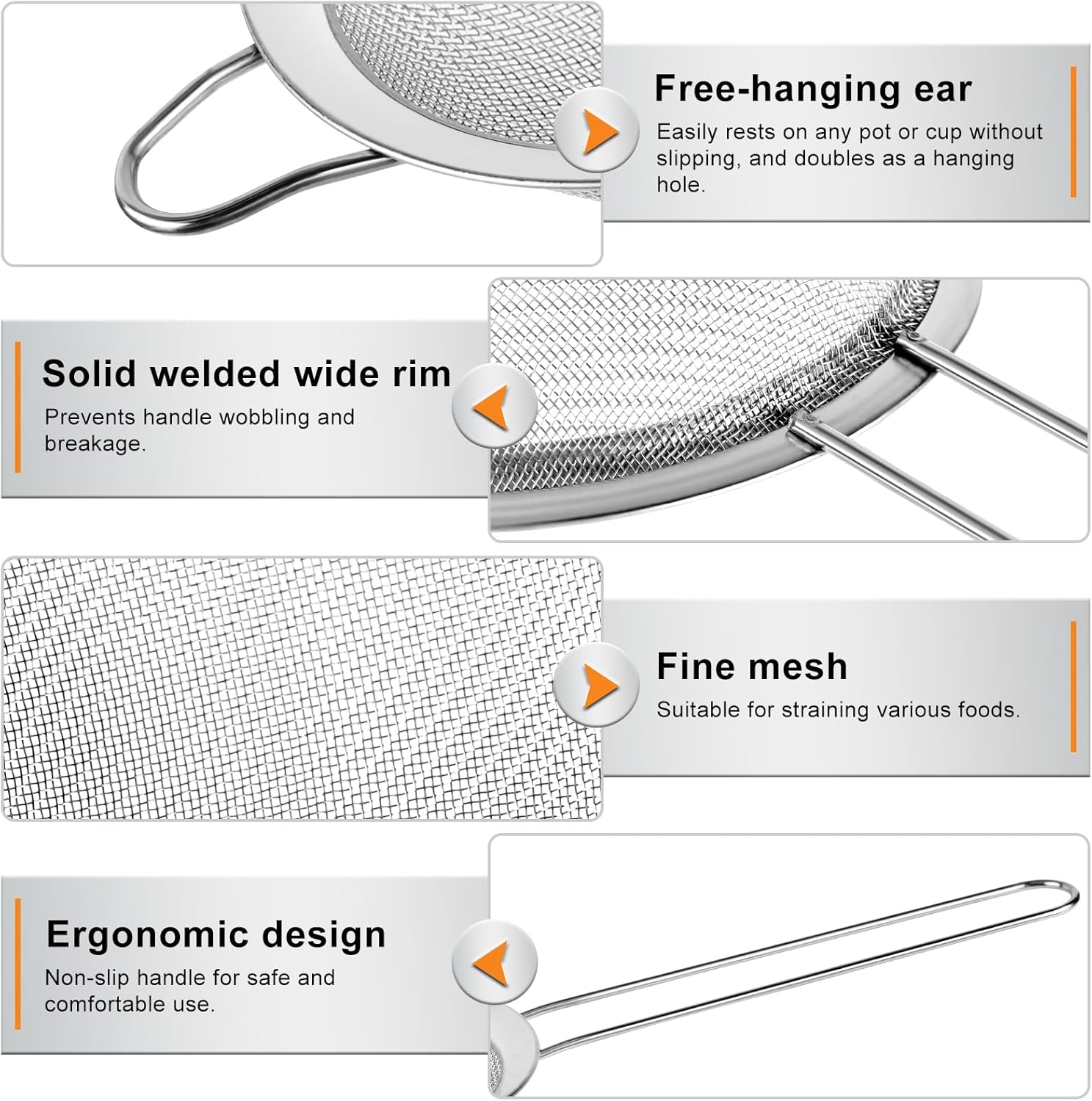4PCS Fine Mesh Strainer Set, Premium Stainless Steel Fine Mesh Strainers, Food Fine Sieve with Non-Slip Handle, Perfect for Juice, Baking Flour, Drinks, Cocktails, Rice, Jam, Tea(2.8"/3.2"/3.9"/4.7")