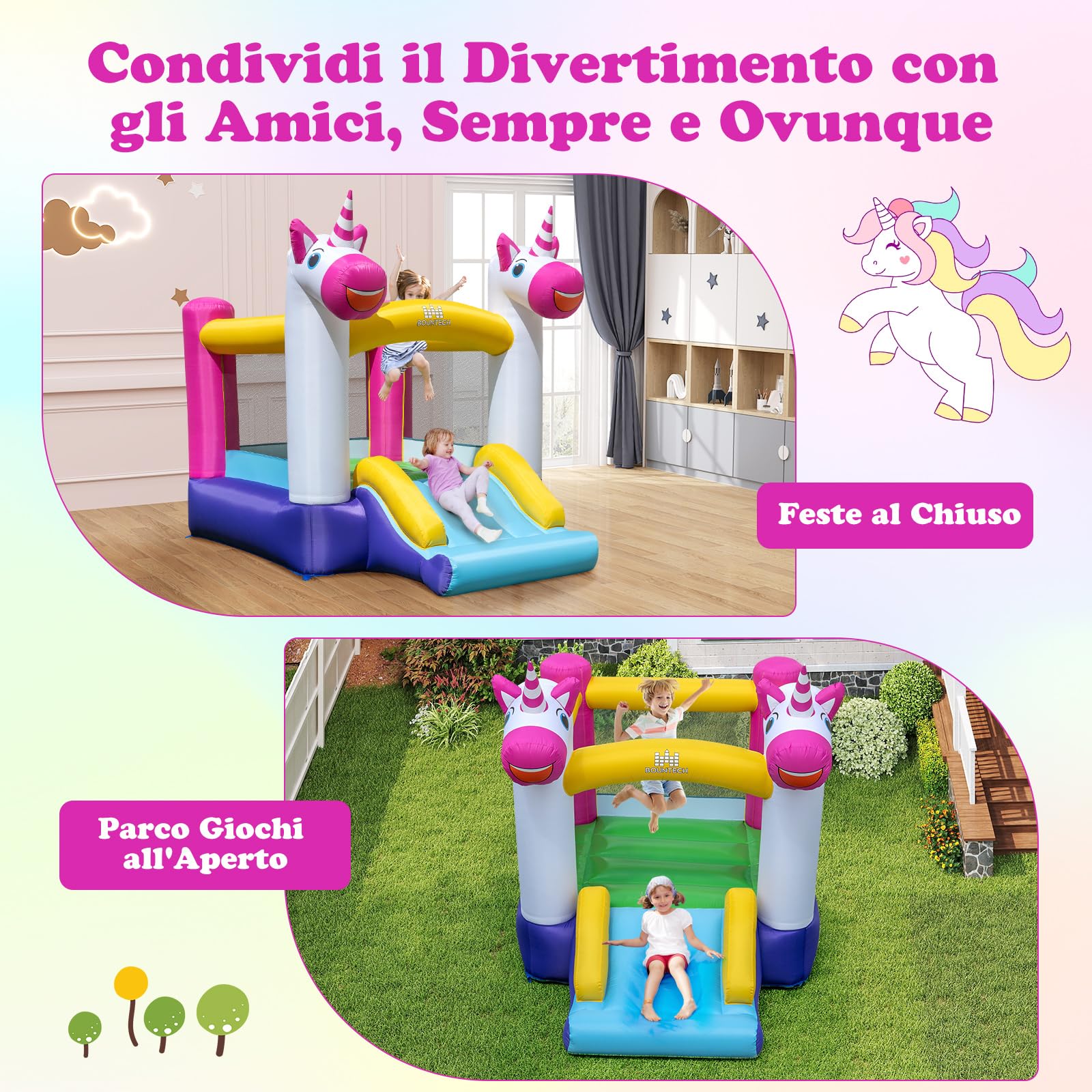 COSTWAY Castello Gonfiabile per Bambini, Casa Gonfiabile Unicorno per bambini con Scivolo e Area Salto, Parco Giochi Gonfiabile da 3-12 Anni, Adatto per Giardino, Esterno e Interno