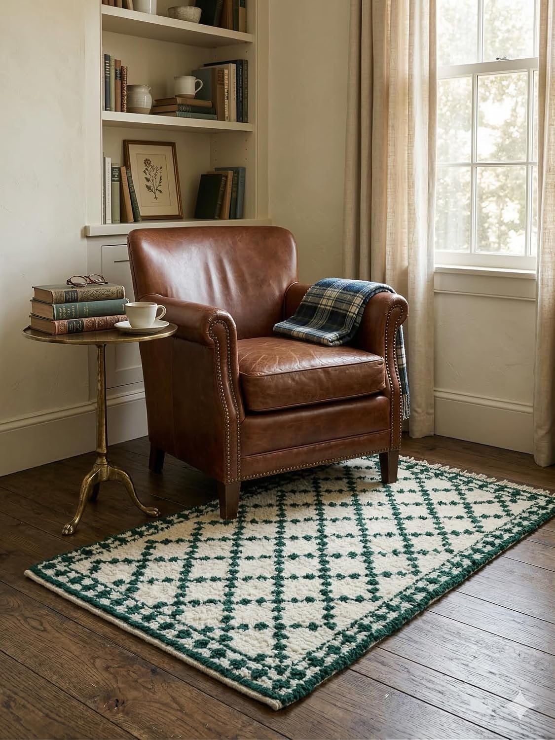 Handmade Moroccan Berber Area Rug 3' x 5', 100% Wool High Pile Shag, Ivory/Cream with Dark Green Small Diamond Pattern (No Fringe)