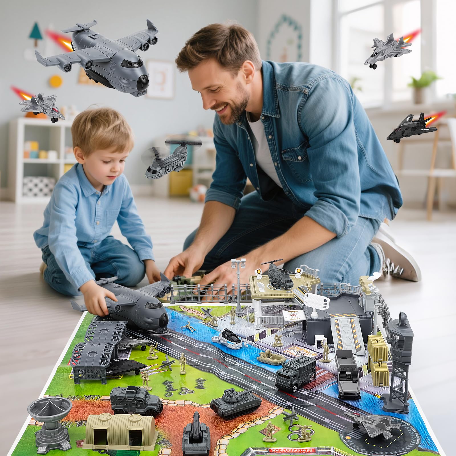 deAO Set di Giocattoli Militari, con Veicolo Militare, Accessori per Armi, Parcheggio, Aereo, Accessori per Veicoli e Mappa di Gioco, Fantastico Giocattolo Militare per Bambini di 3, 4 e 5 Anni