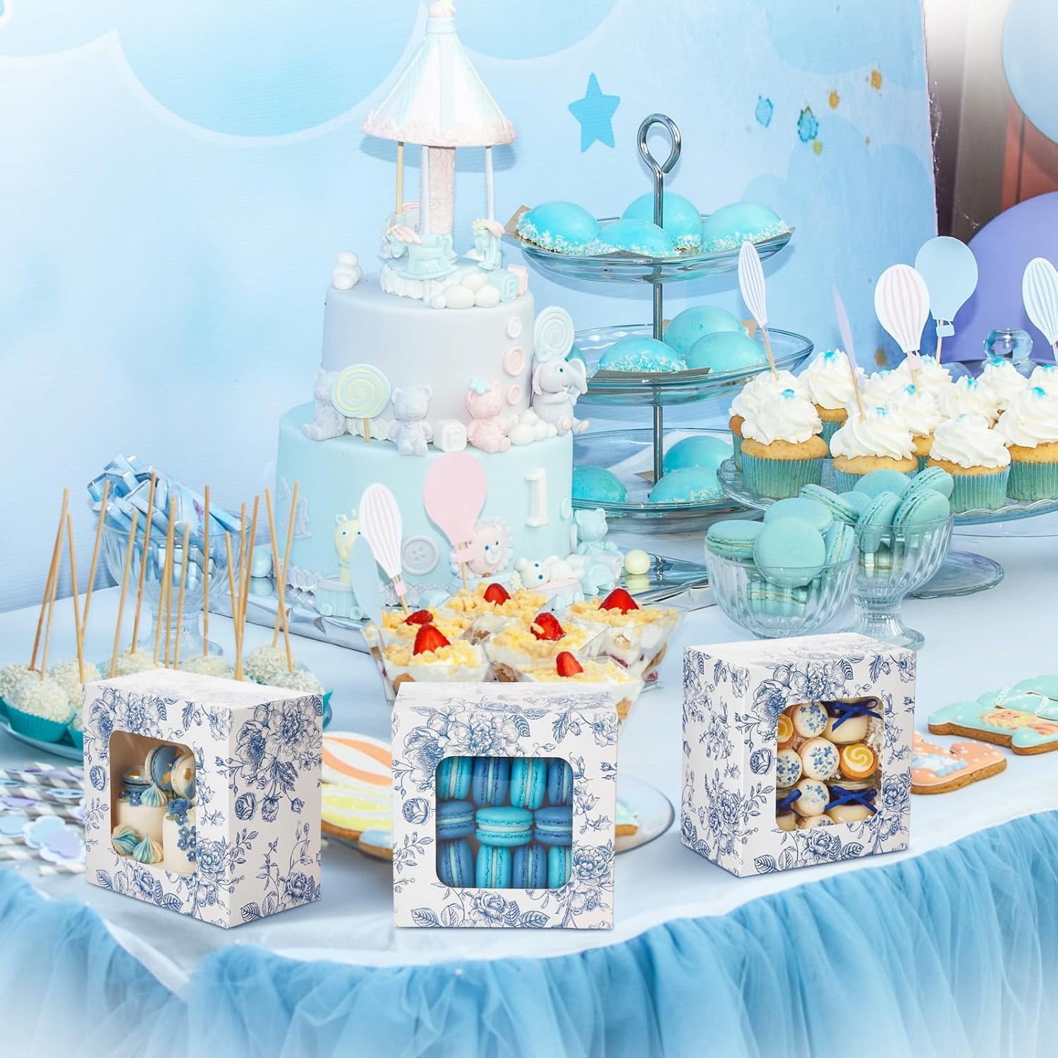 50 Pack Blue Floral Cookie Treat Boxes with Window image 5