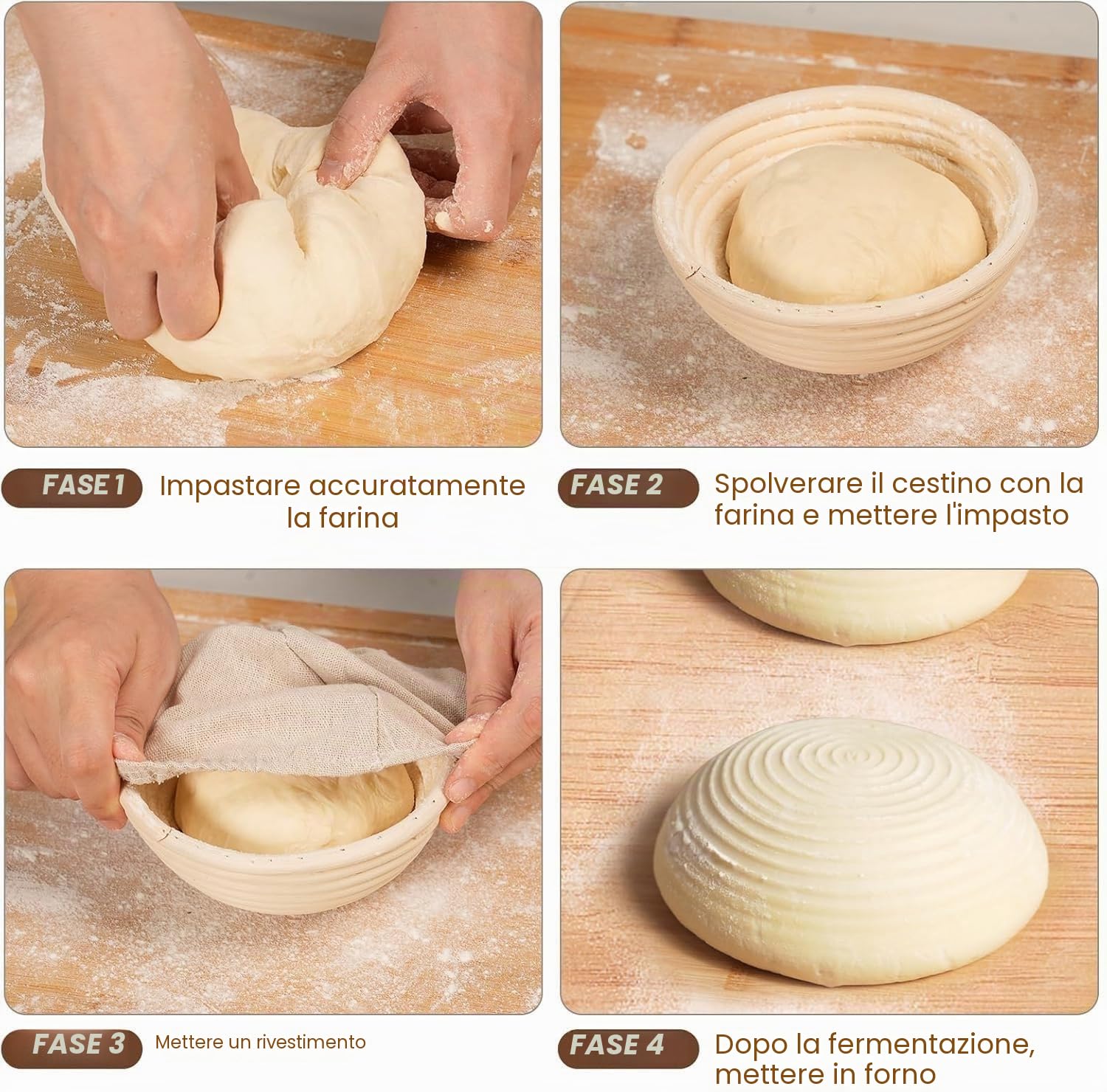 Set di 6 cestini per lievitazione Banneton, cestini per pasta, rotondi, cestini per lievitazione, realizzati a mano, cestini in rattan, artigianato, set per la preparazione del pane al lievito madre
