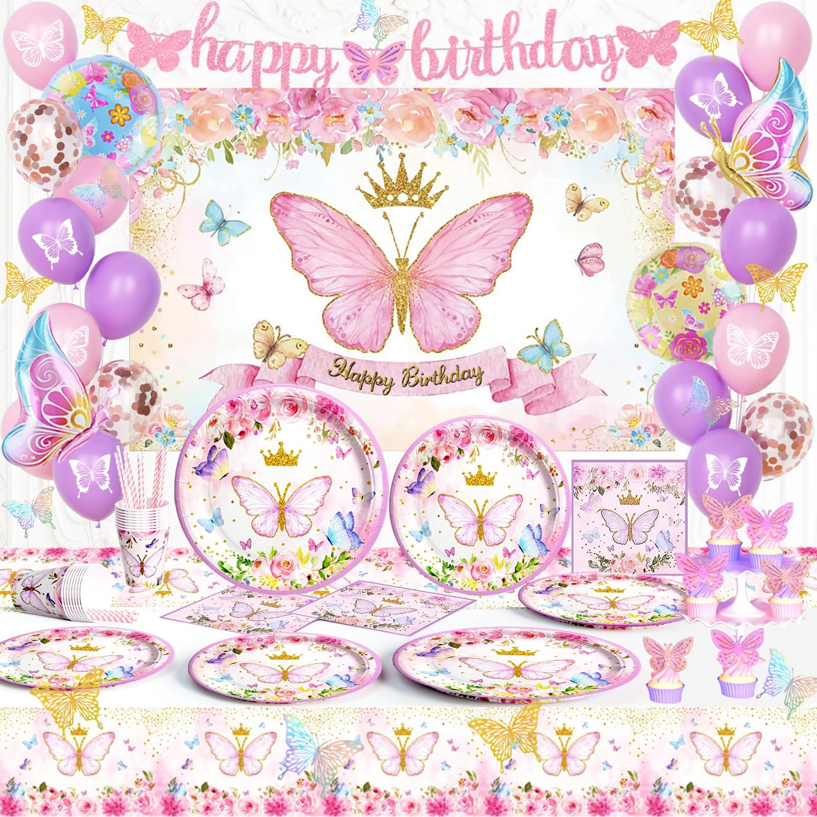 Fiesec Butterfly Birthday Decorations, Pink Purple Butterfly Party Supplies, 142PCs Flower Themed Party Decor Tableware Set with Backdrop Balloon Glitter Banner Tablecloth Plates Napkins Cups Straws