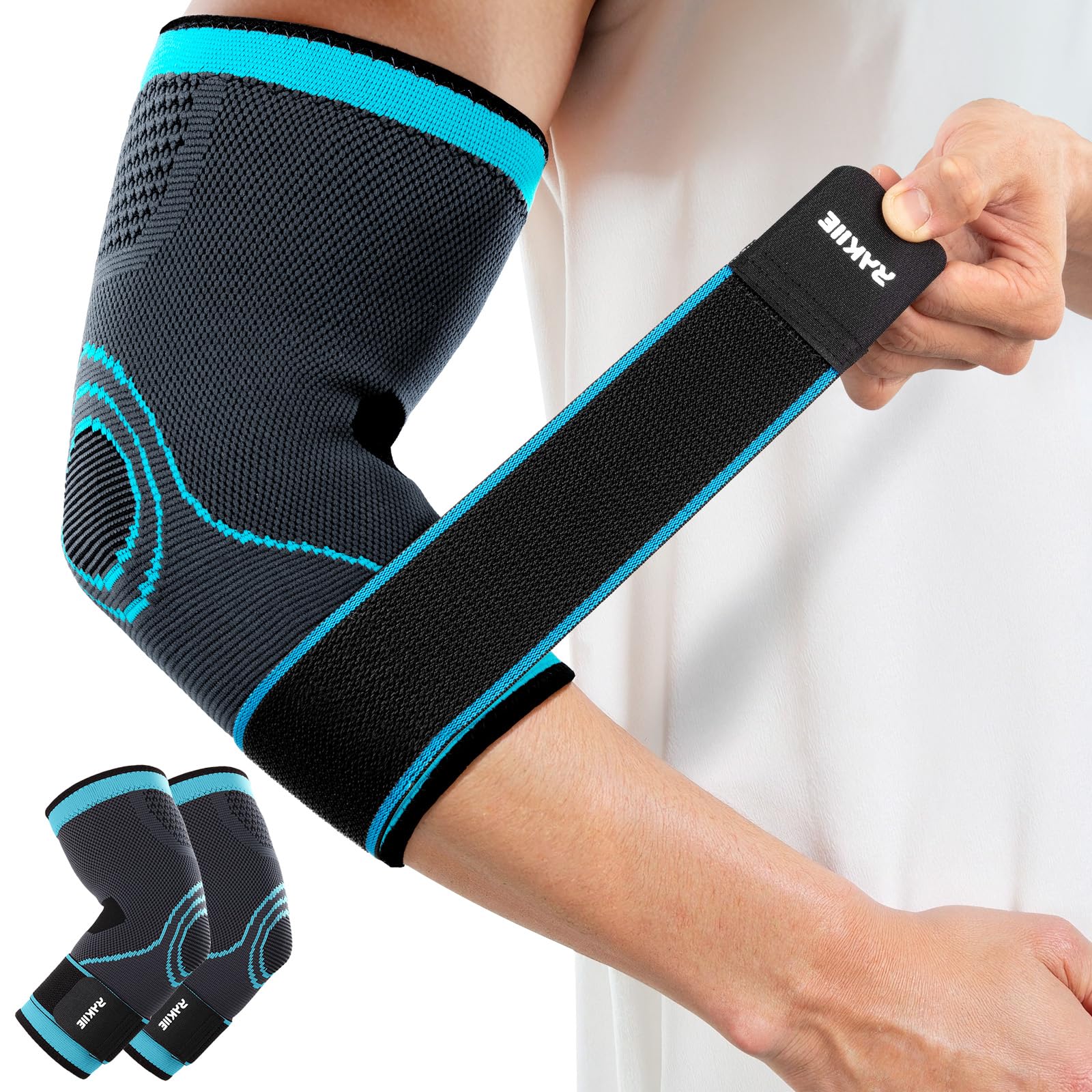 Rakiie Ellenbogenbandage 2 Stücke, Kompression Ellenbogen Bandage für Tennisarm und Sehnenentzündung, Ellbogen Bandage für Damen & Herren, Ellenbogenbandage für Tennisarm, Golfer, Sport Blau (L)