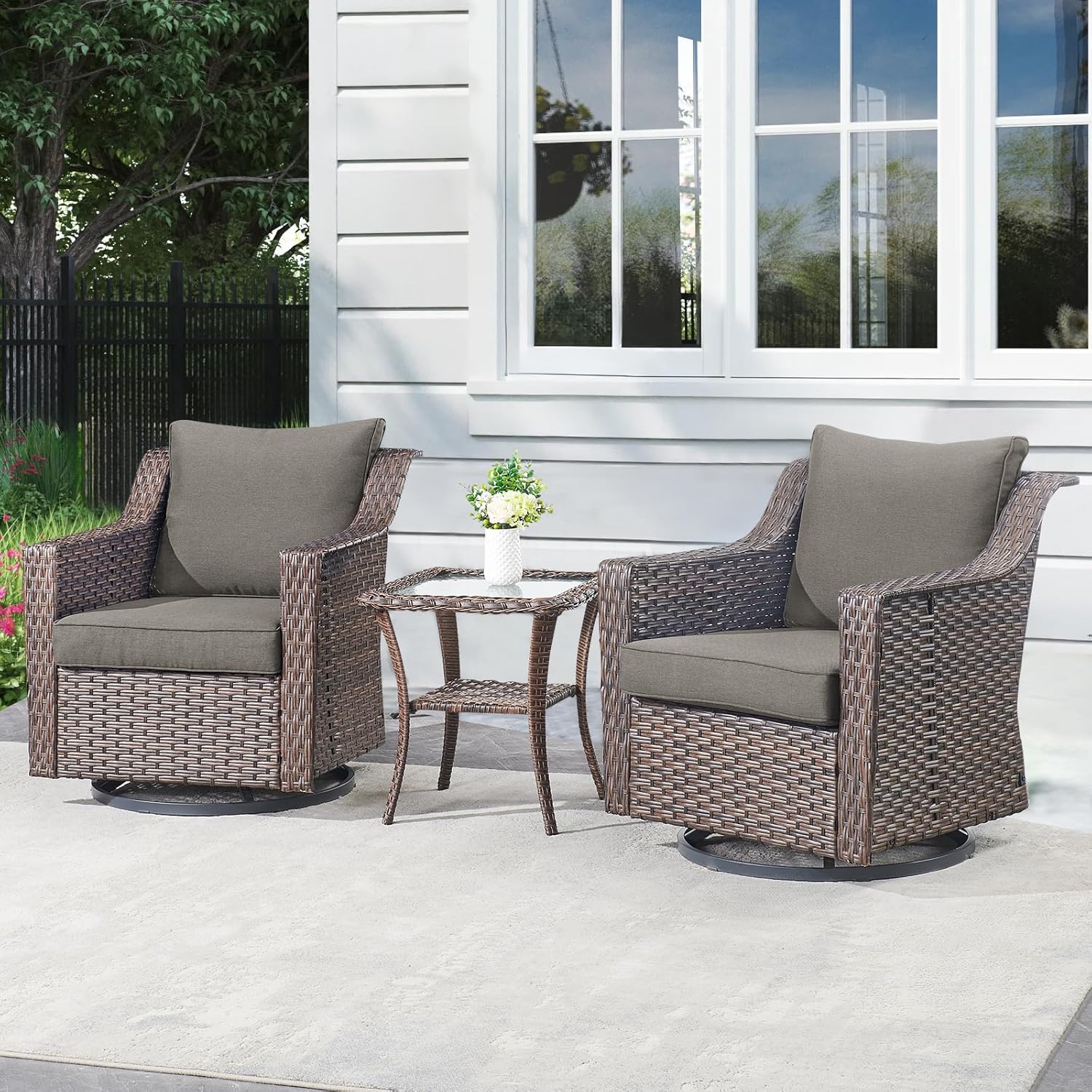 Outdoor Patio Wicker Swivel Chairs - Set of 2 Outside Resin Rattan Rocker Glider Gliding Chair Rocking Armchairs for Front Porch Balcony Backyard Yard Deck Poolside Apartment – Brown/Grey
