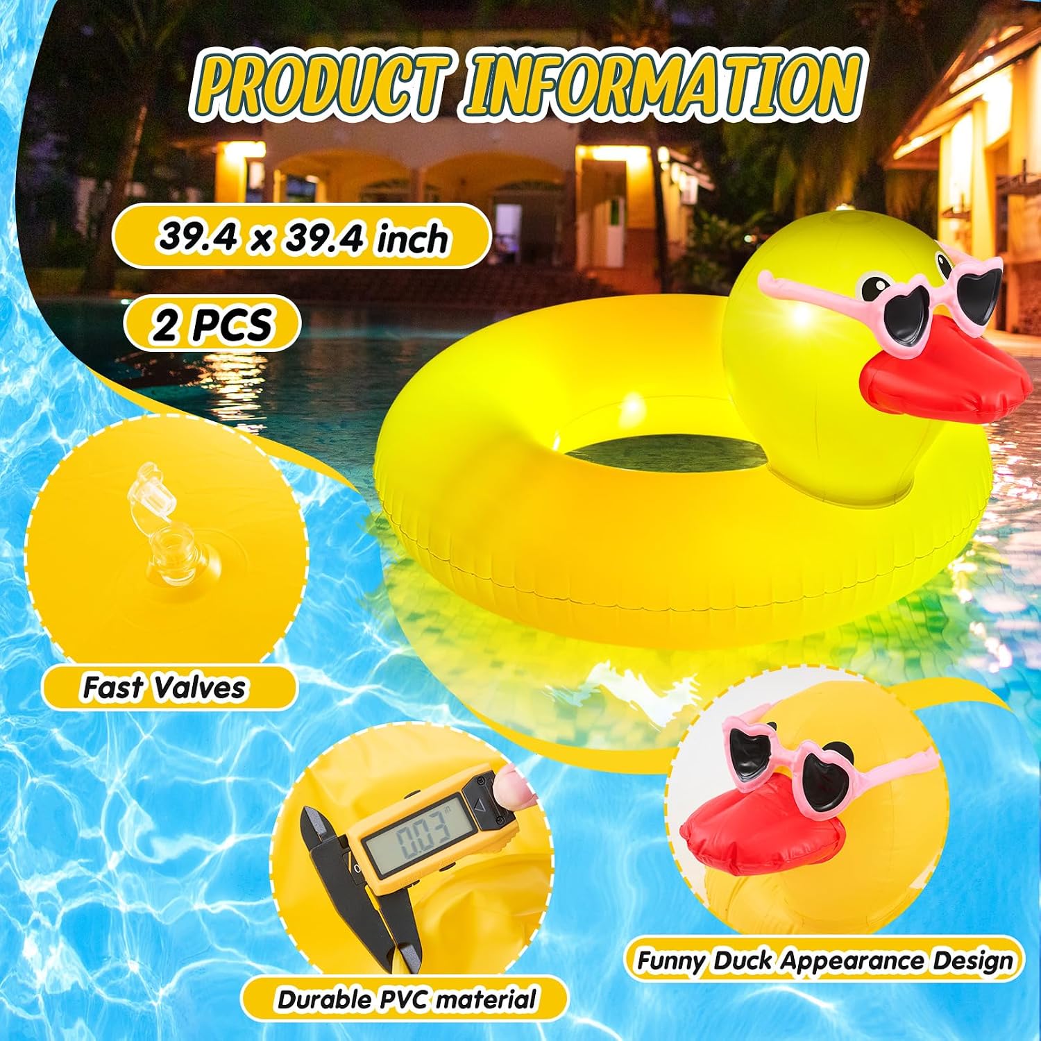 Hungdao 2 Pcs Light up Funny Duck Pool Floats Glow Large Rubber Ducks Floatie Tube Inflatable Duck Swimming Ring for Summer Beach Swimming Pool Carnival Birthday Party Supplies
