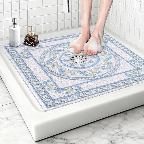 Miniatura 8 de Tapete de ducha cuadrado antideslizante 24 x 24 pulgadas, extra grande, con orificio de drenaje en el medio, tapetes de ducha antideslizantes para