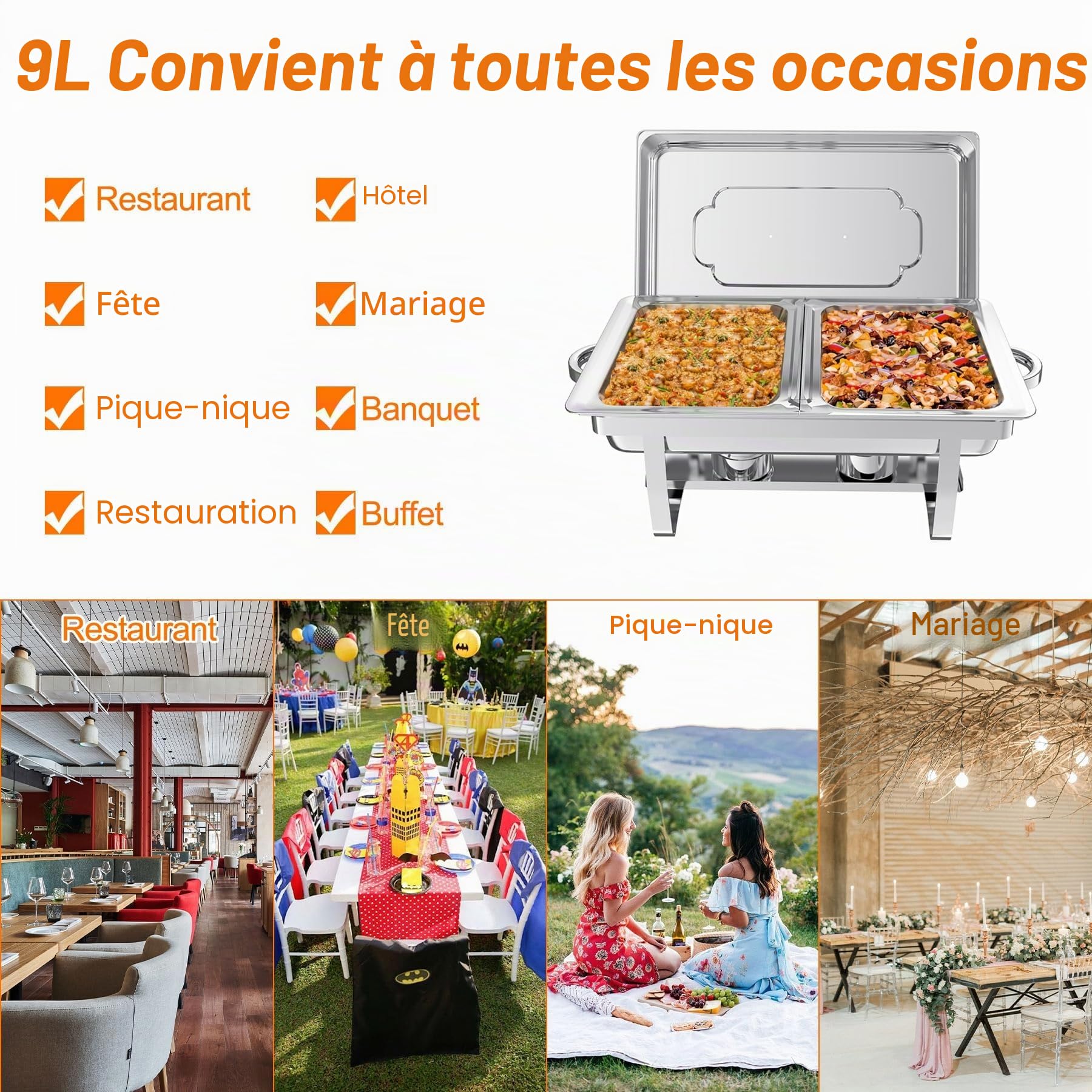 NArra Lot de 2 Plats à réchaud pour Buffet, 9 L, en Acier Inoxydable, avec bacs à Nourriture Demi-Taille, Chauffe-Plats Pliables pour fêtes, Mariages, dîners, buffets