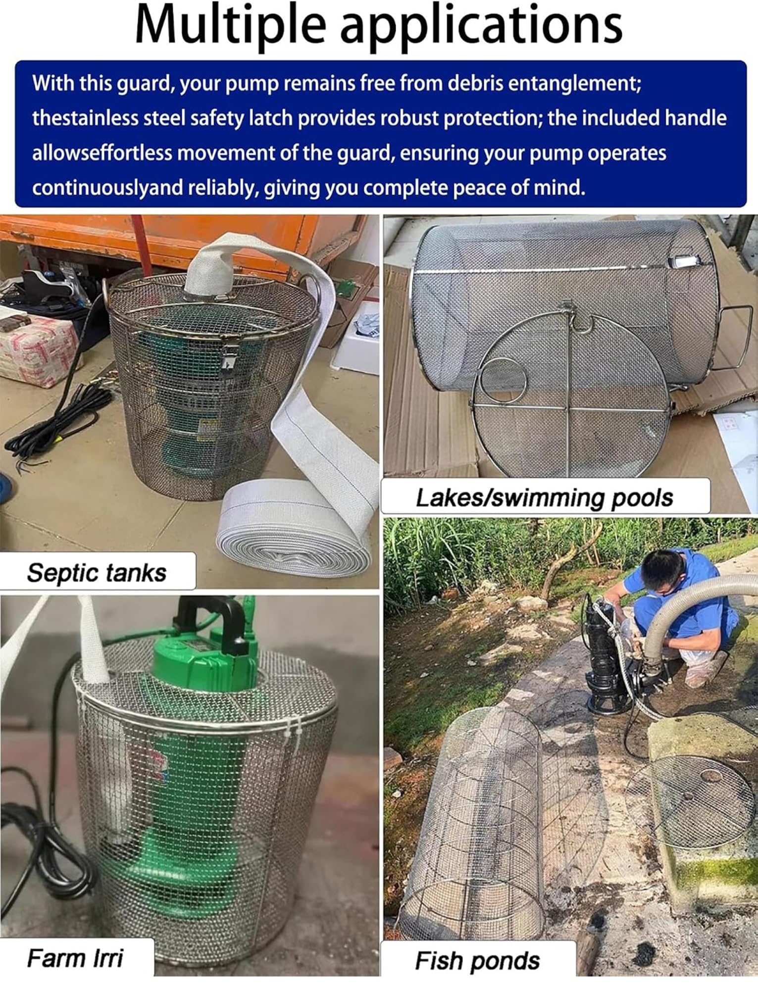Filtro per pompa sommergibile in acciaio 304 inless con chiusure di bloccaggio, rete da 5 mm, accessorio per filtraggio dell'acqua per rium, piscine e uso industriale