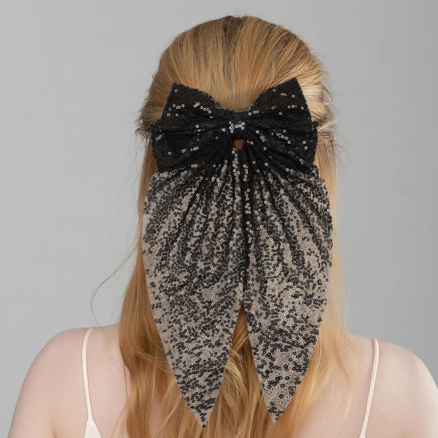 Hair Bows for Women, 20x38cm Large Hair Bows Clip Black and Silver Cute Hair Bows, Hair Bow Clips Ribbon Bows for Hair (Black) - Image 6