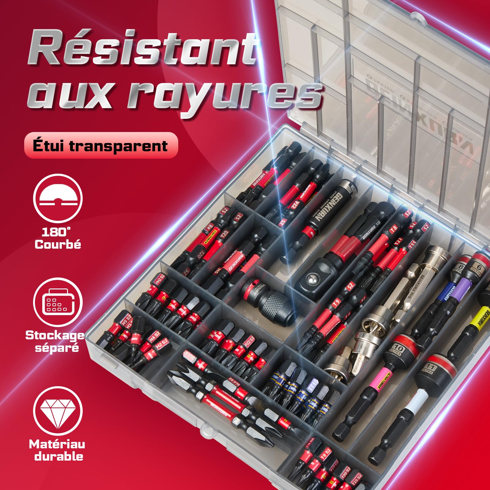 Geinxurn Lot de 99 Embouts de Vissage (Torx, Cruciforme, PZ, Hex, SL), en Acier S2 Magnétique, avec Porte-embout, Adaptateur, Clé à Douille, Embout PH2 avec butée de profondeur avec Boîte de Gris