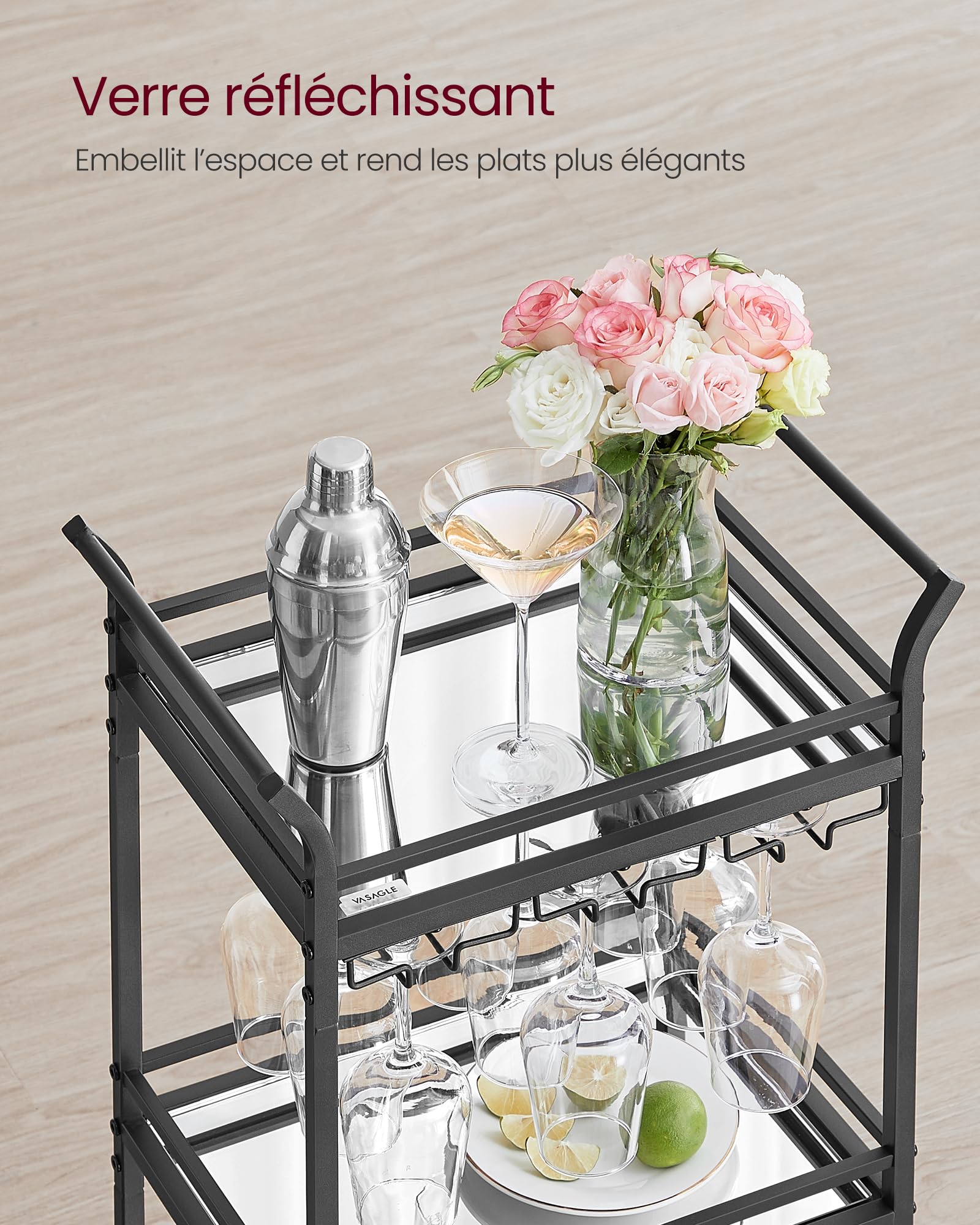 VASAGLE Chariot à 3 Niveaux, avec roulettes, Verre Réfléchissant