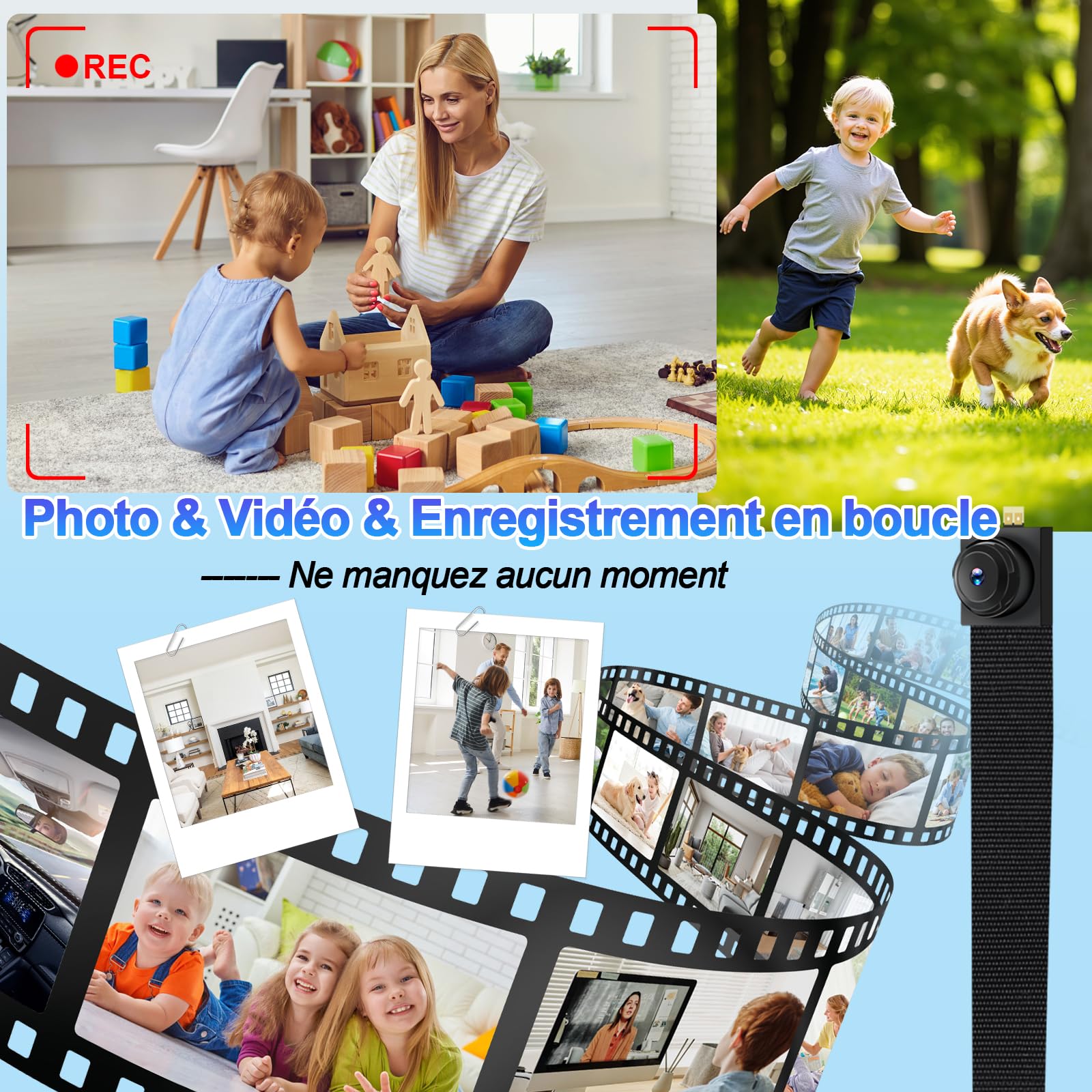 Camera Espion Mini 1080P WiFi Double Bande, Détection Mouvement | 5-6h batterie, 120° grand angle, 2.4G & 5G, enregistrement en boucle, application