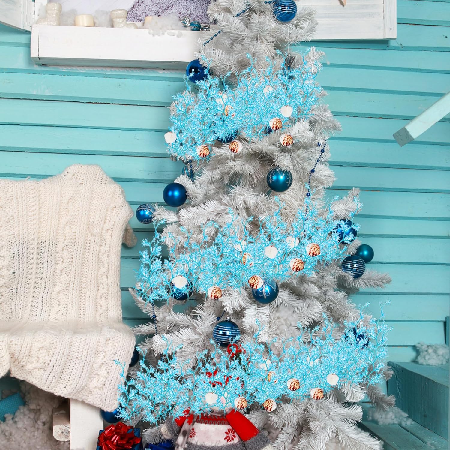 6 Pcs Blue Coastal Christmas Tree Pick Ornament, Christmas Ocean Coral Ornaments Tree Topper Xmas Decorations for Beach Wreaths and Display Vase Fillers