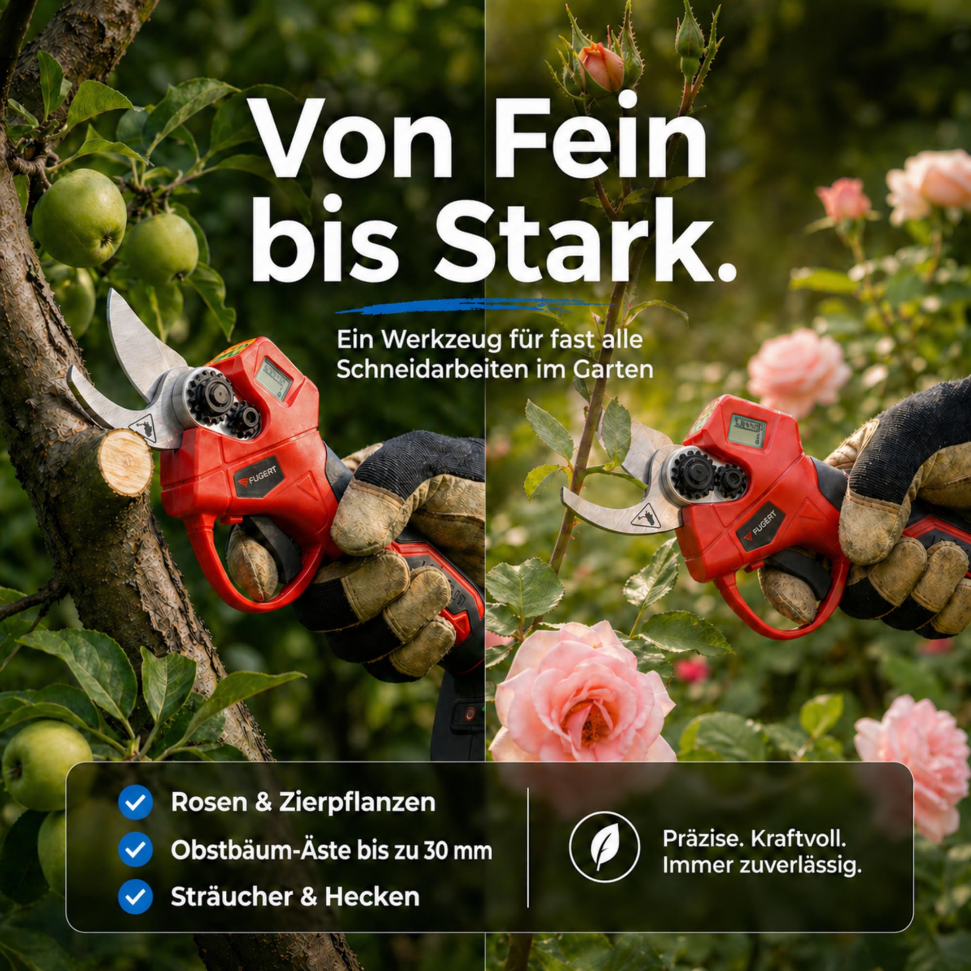 Akku Astschere 30 mm mit 2 Akkus 2 Ah, Bürstenloser Motor, Elektrische Gartenschere Bypass, LED-Schnittzähler, Baumschere für Garten & Obstbäume, Leichte Gartenschere mit Koffer