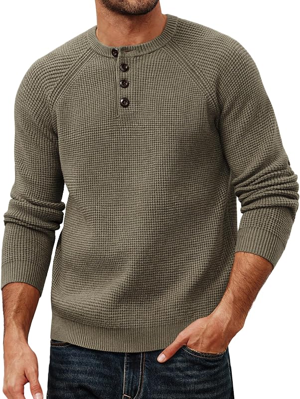 Mens Waffle Knit Henley Shirts Casual Pullovers Sweater | Long Sleeve,Crewneck Sweaters, Textured Knit Basic Tops, Dressy Warm Outfits, Fall Winter 2026 Fashion Clothes