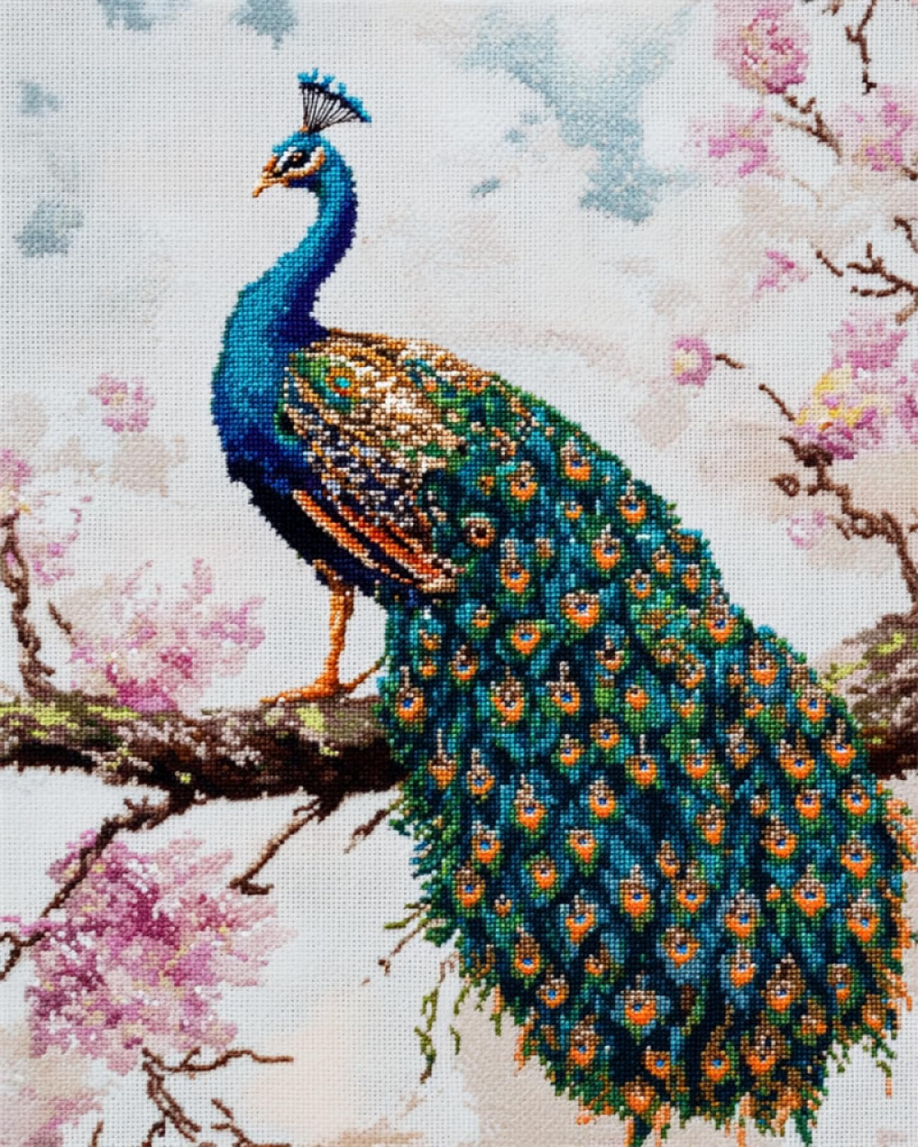 14CT Kit Punto De Cruz Con Hilos Y Tela Pavo Real Y Flores Kit De Punto De Cruz Estampado Animales De Fantasía Kits De Bordado Kit De Bordado Artes Y Manualidades Para La Decoración Del Ho 80x100cm