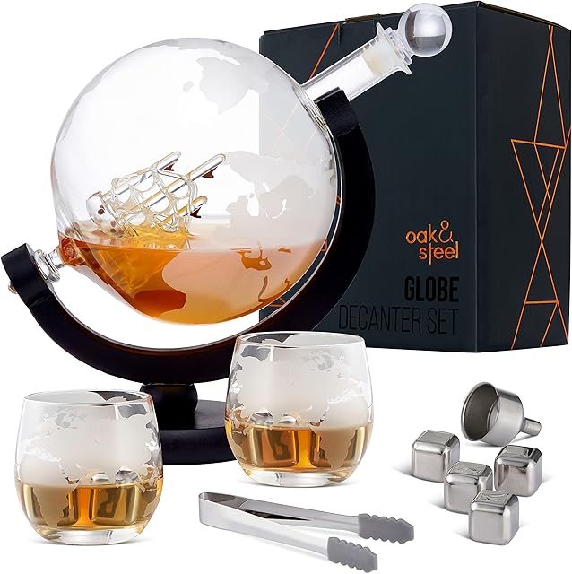 Oak & Steel - Whiskey Decanter Etched World Globe Design, 1500ml with 2 Glasses, 4 Whiskey Stones, Ice Tongs, Glass Stopper and Funnel Gift Set for Wedding Anniversary Housewarming Party