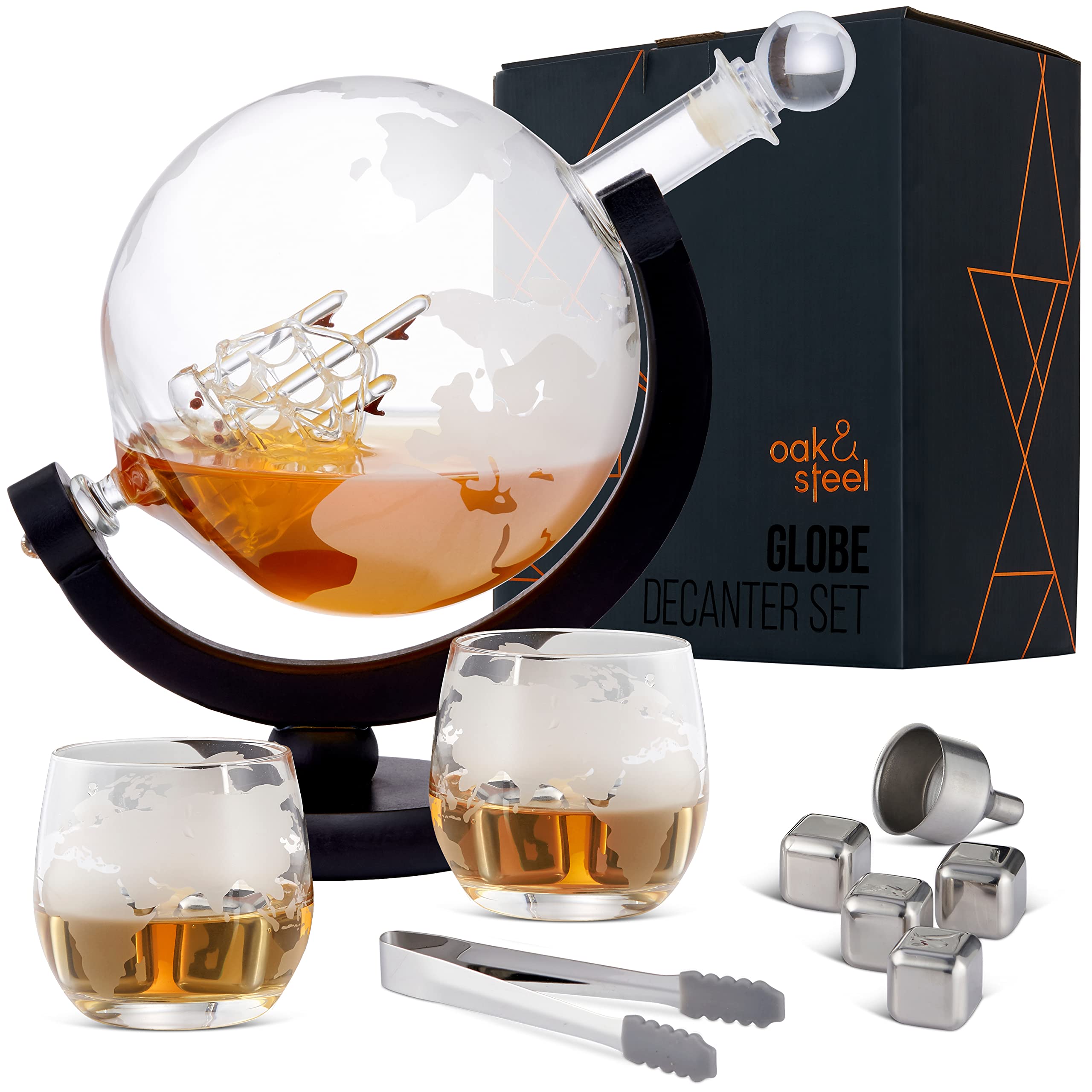 Oak & Steel World Globe Whiskey and Wine Decanter Set
