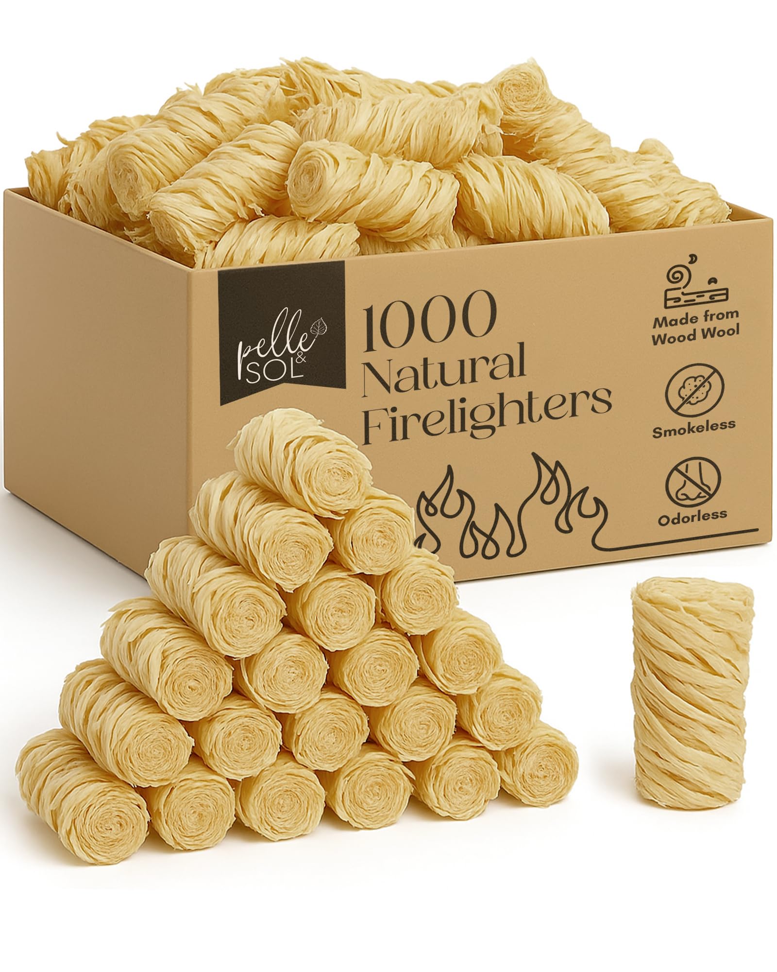 Pelle & Sol 1000 Natural Firelighters – Long Burning Fire Lighters for Wood Burners, BBQ Lighter, Pizza Ovens, Open Fires – Quick Light Fire Starter, Log Burner Accessories - Eco Firelighters