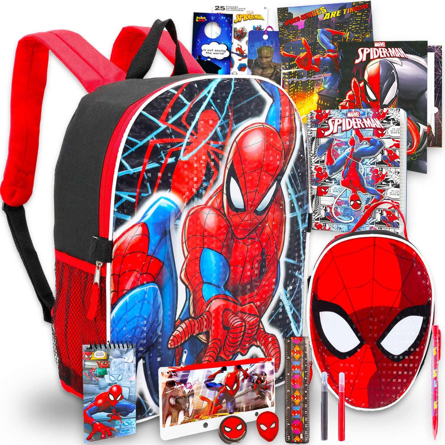 Marvel Spiderman Backpack Lunch Bag Set - Bundle of 16" Backpack, Lunch Box, Stationery, Stickers, and More School Supplies (Multicolor)