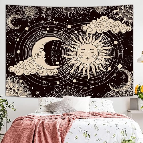 Miniatura 5 de Wonrizon Tapiz de sol y luna, estético, negro oscuro, espiritual, místico sol ardiente con nubes, estrella para colgar en la pared para dormitorio