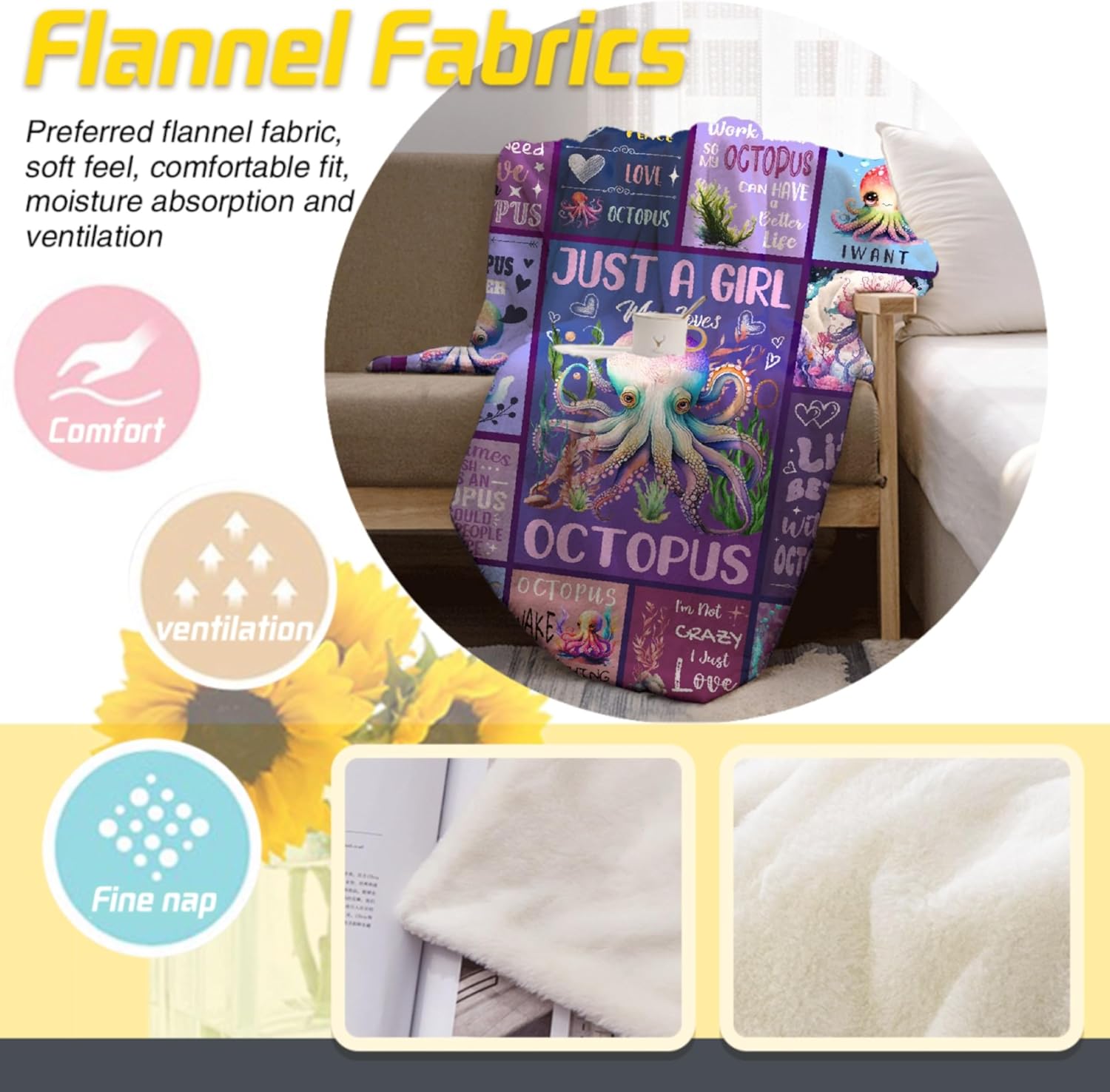 Octopus Blanket Gifts for Women Mom Girls Just A Girl Who Loves Octopus Throw Blanket Gifts for Kids Adults Warm Soft Octopus Blankets for Sofa Bed Camping Decor (60" L X 50" W)