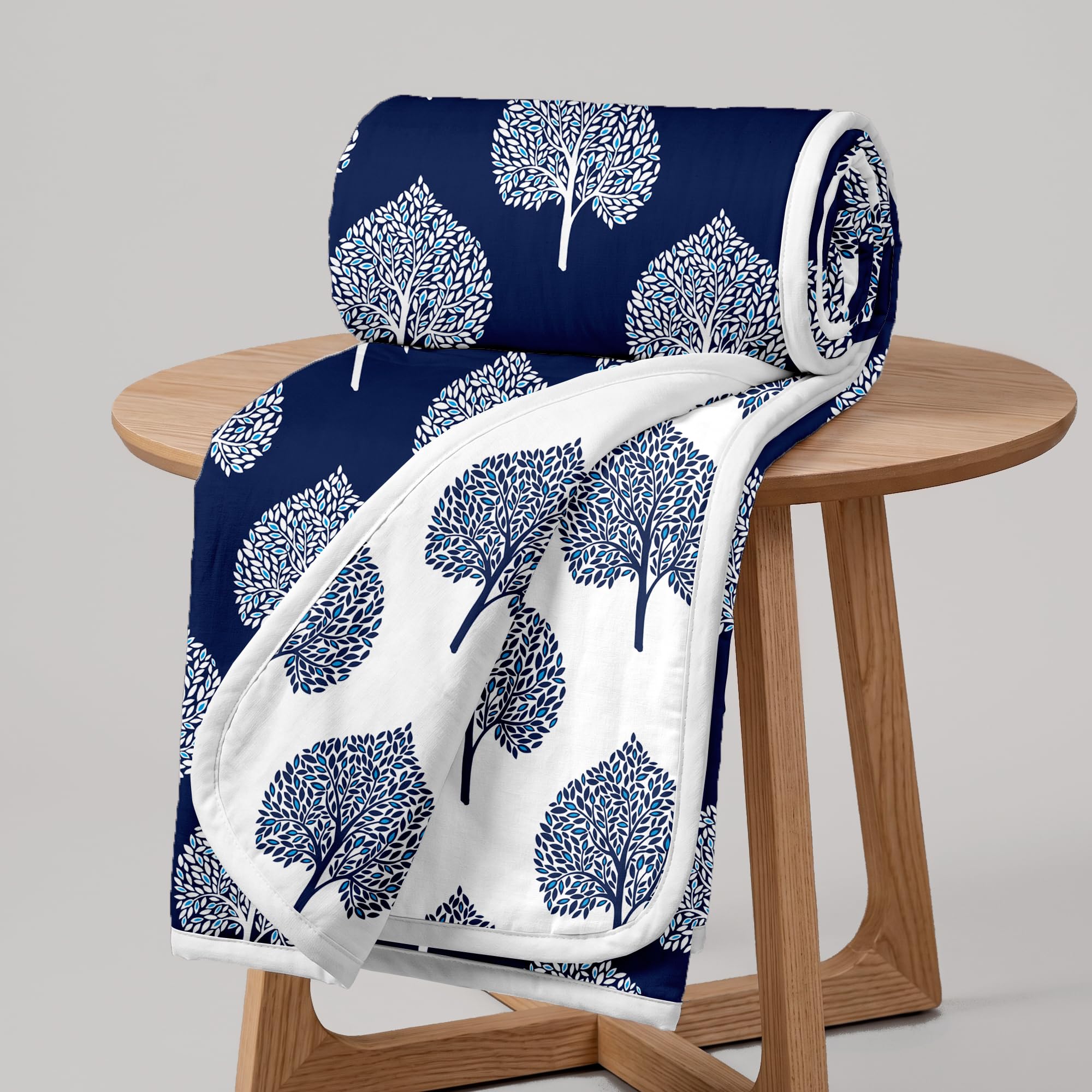 Divine Casa 120 GSM Microfiber Single Dohar | Soft & Lightweight Throw Blanket | Cozy & Breathable | All-Season Comfort | 210 x 140 CM | Tree Motif Pattern | Navy Blue & White