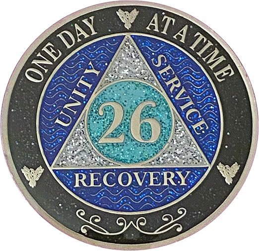 (Years 1-50) 26 Year AA Recovery Silver Color Plated Glitter Medallion, Black Rainbow, Blue, Silver Glitter Coin, Epoxy Covered (AA 26 Year Glitter Medallion)