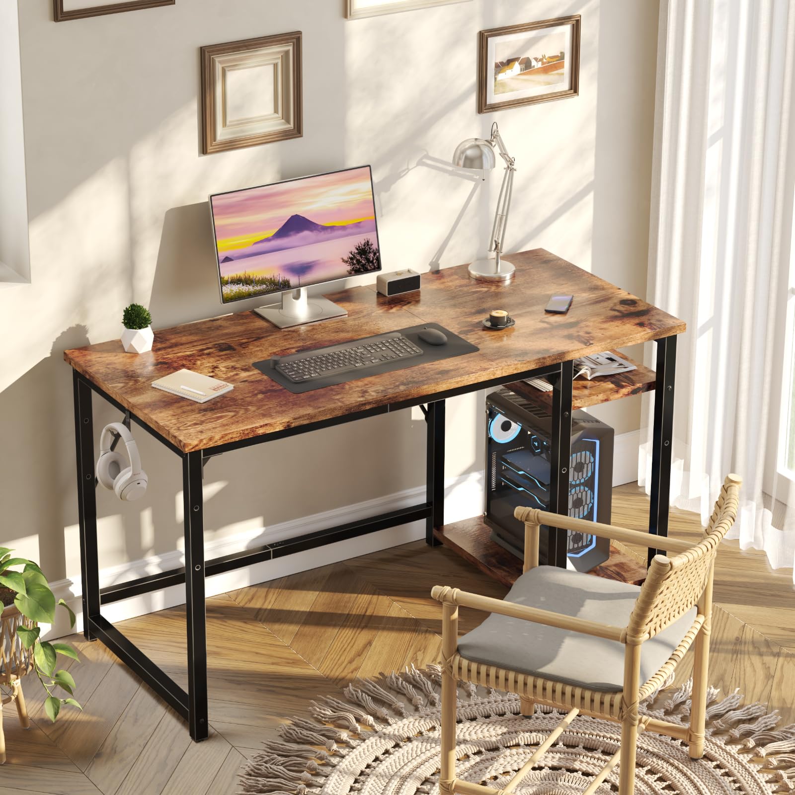 JUMMICO Scrivania 120 x 50 cm, Scrivania per Computer Scrittoio con 2 Ripiani a Sinistra o Destra, Separatore Regolabile, Tavolo da Lavoro Piano di Lavoro, Adatta per l'ufficio o il Soggiorno