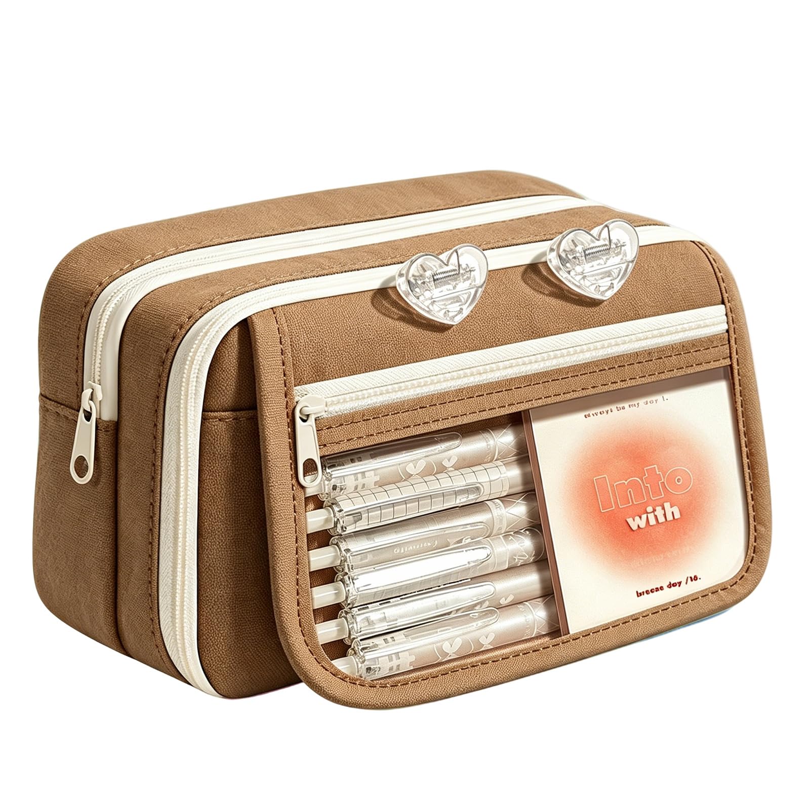 FUNLOV Large Capacity Pencil Case, Aesthetic Pencil Pouch with Compartments, Multiple Pockets, Pencil Bag with Sturdy Zipper, Cute Pencil Case Pouch Organizer for Student Teen Girls (Brown)