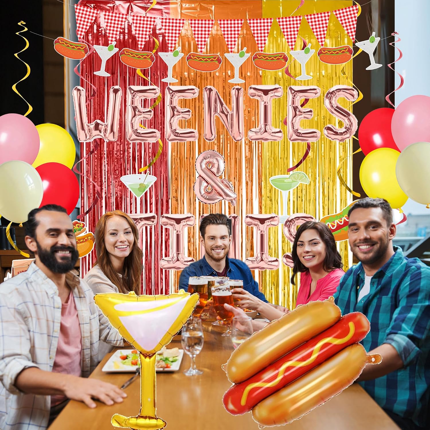 Crenics Weenies and Tinis Party Decorations - Weenies and Tinis Banner, Foil Curtain Backdrop, Hanging Swirls and Balloons for Hot Dog Birthday Bachelorette BBQ Theme Party Supplies